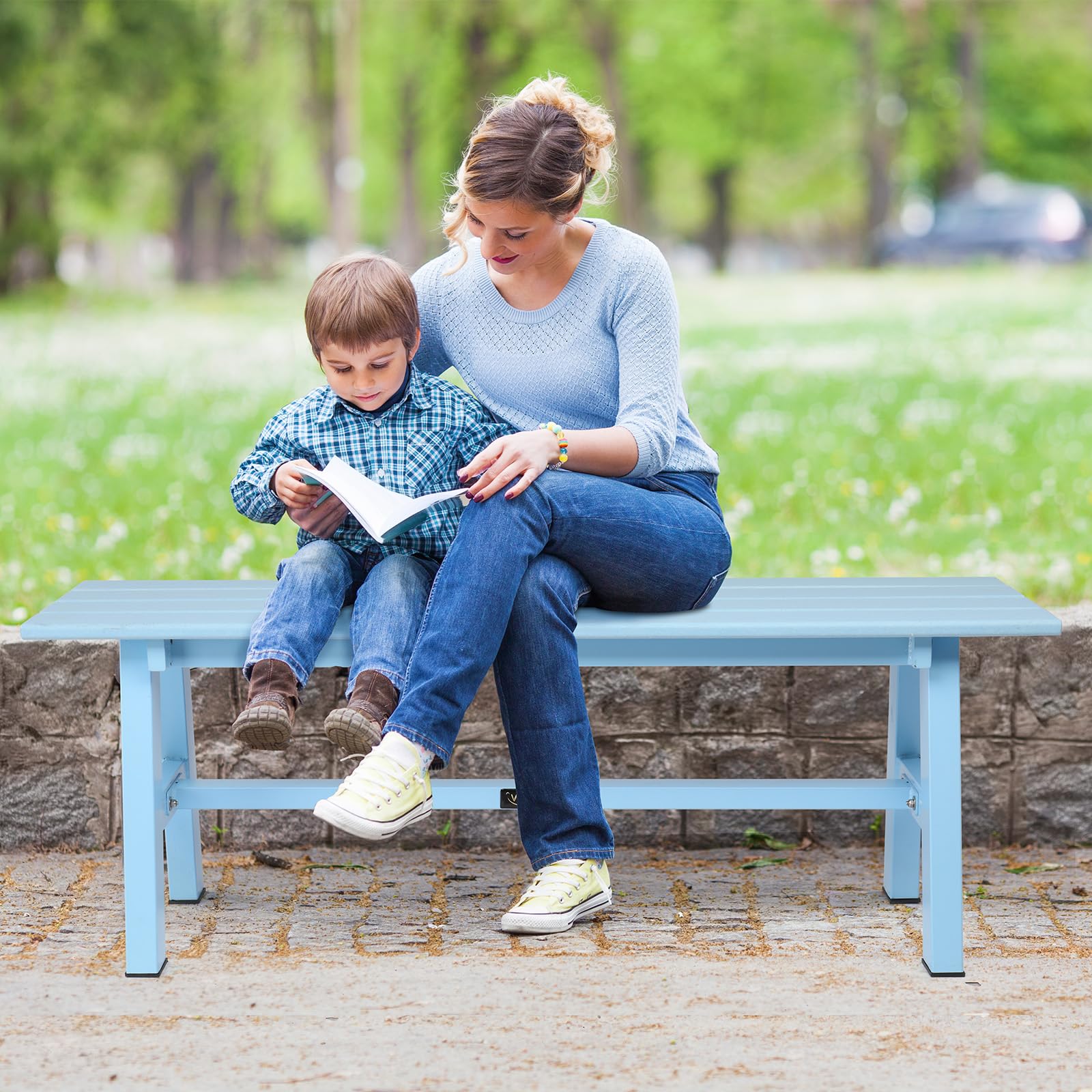 47 Inch HDPE Outdoor Bench with Metal Legs Blue