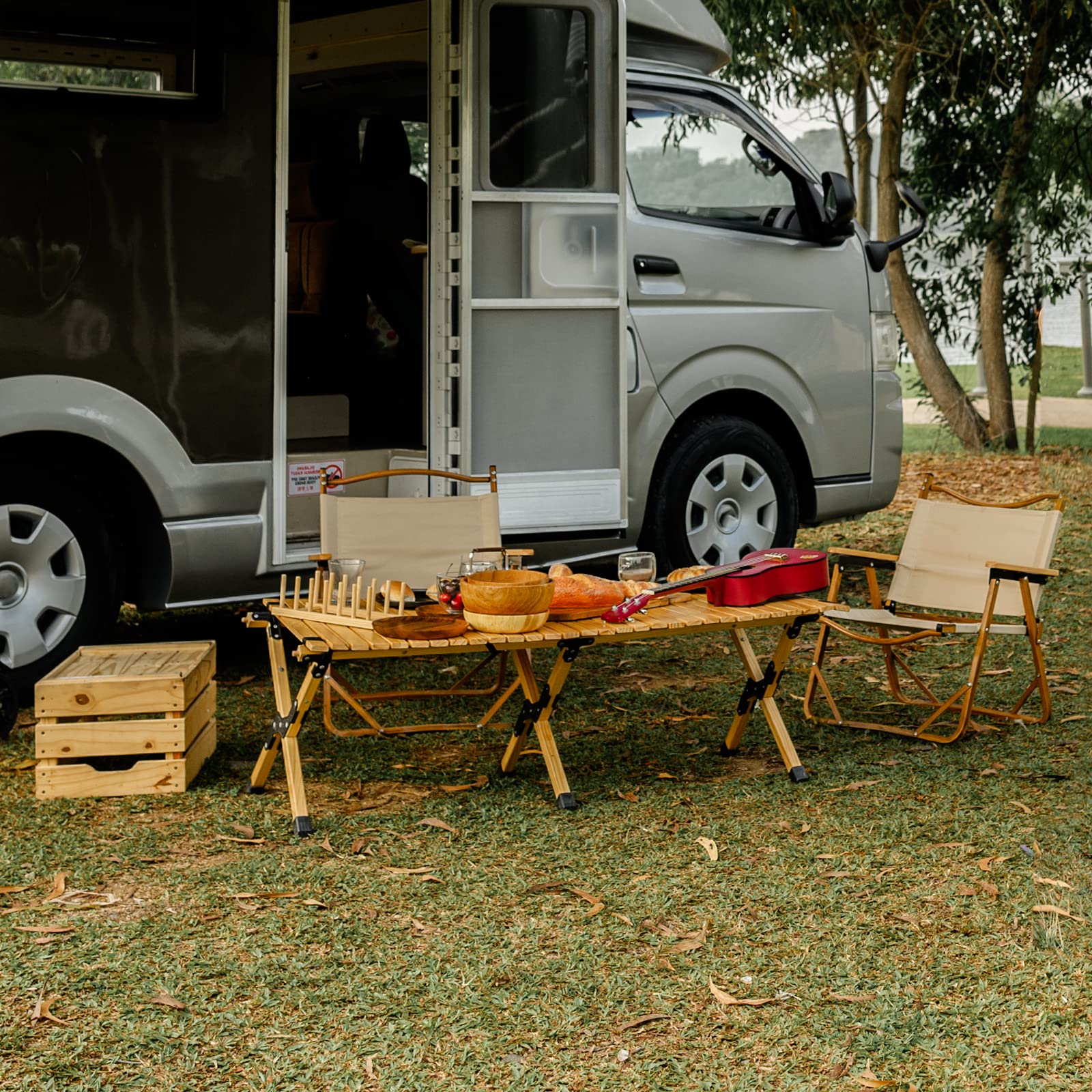 4 FT Wooden Portable Rolling Table with Bag Natural Wood