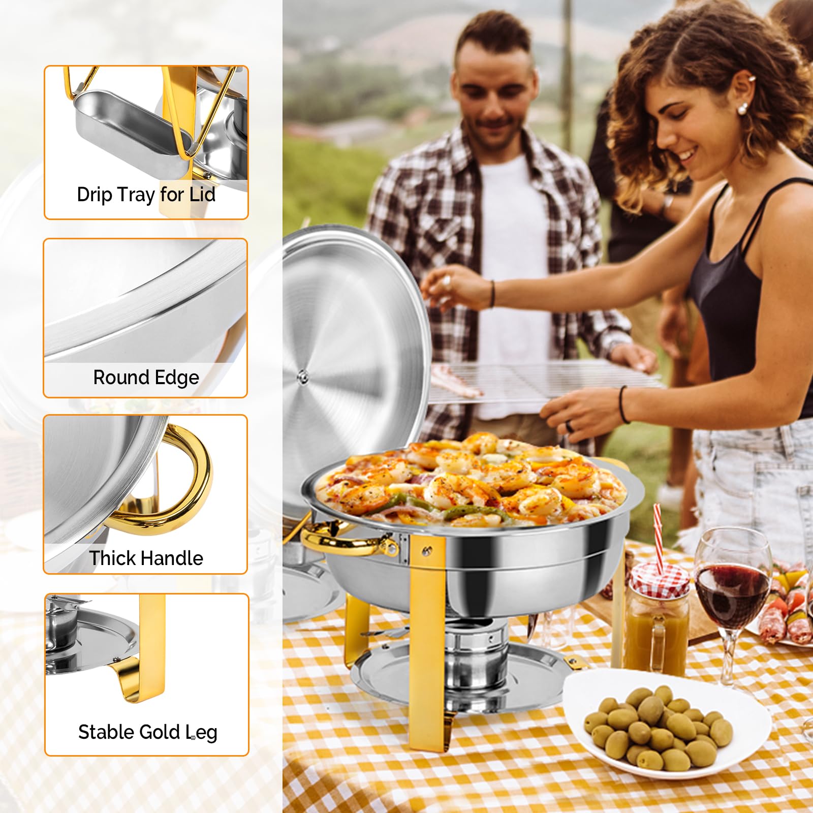 ROVSUN 5 QT Stainless Steel Round Chafing Dish Buffet Set with Lid Holder Gold