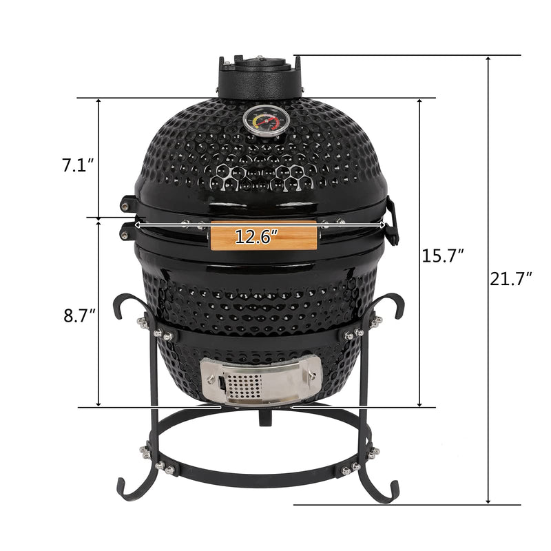 13 Inch Round Portable Ceramic Grill with Thermometer Black