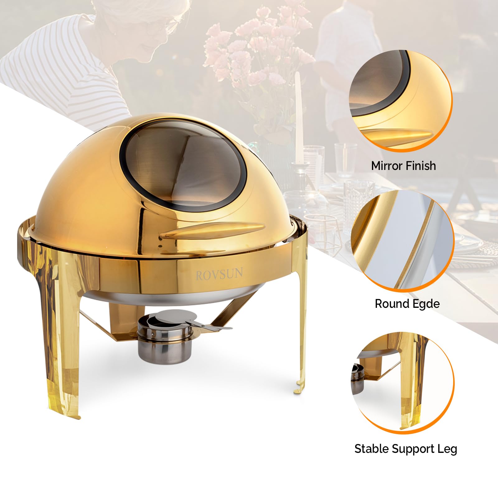 ROVSUN 6 QT Gold Roll Top Round Chafing Dish Buffet Set with Glass Window