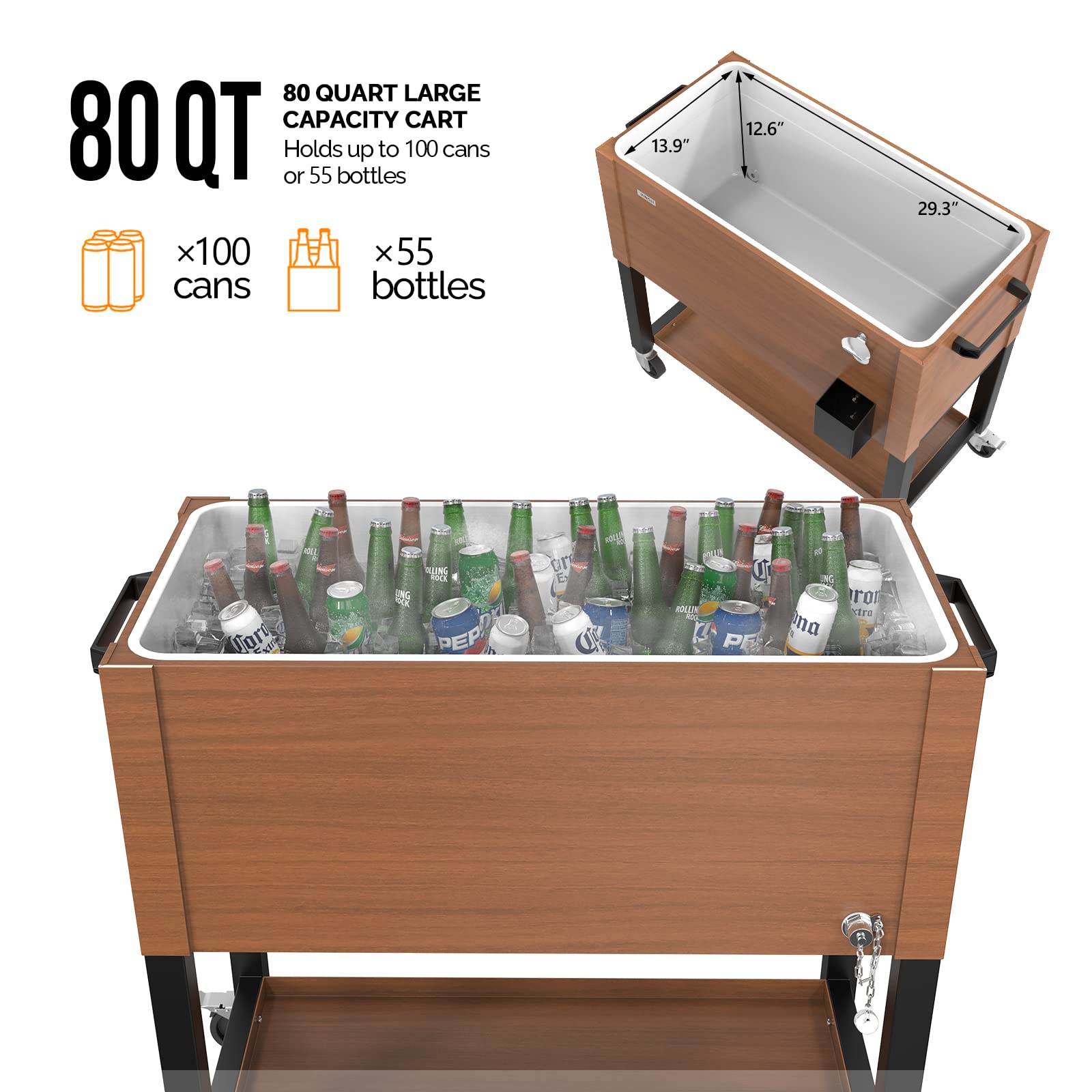 80 Quart Portable Outdoor Patio Rooling Cooler Cart Brown