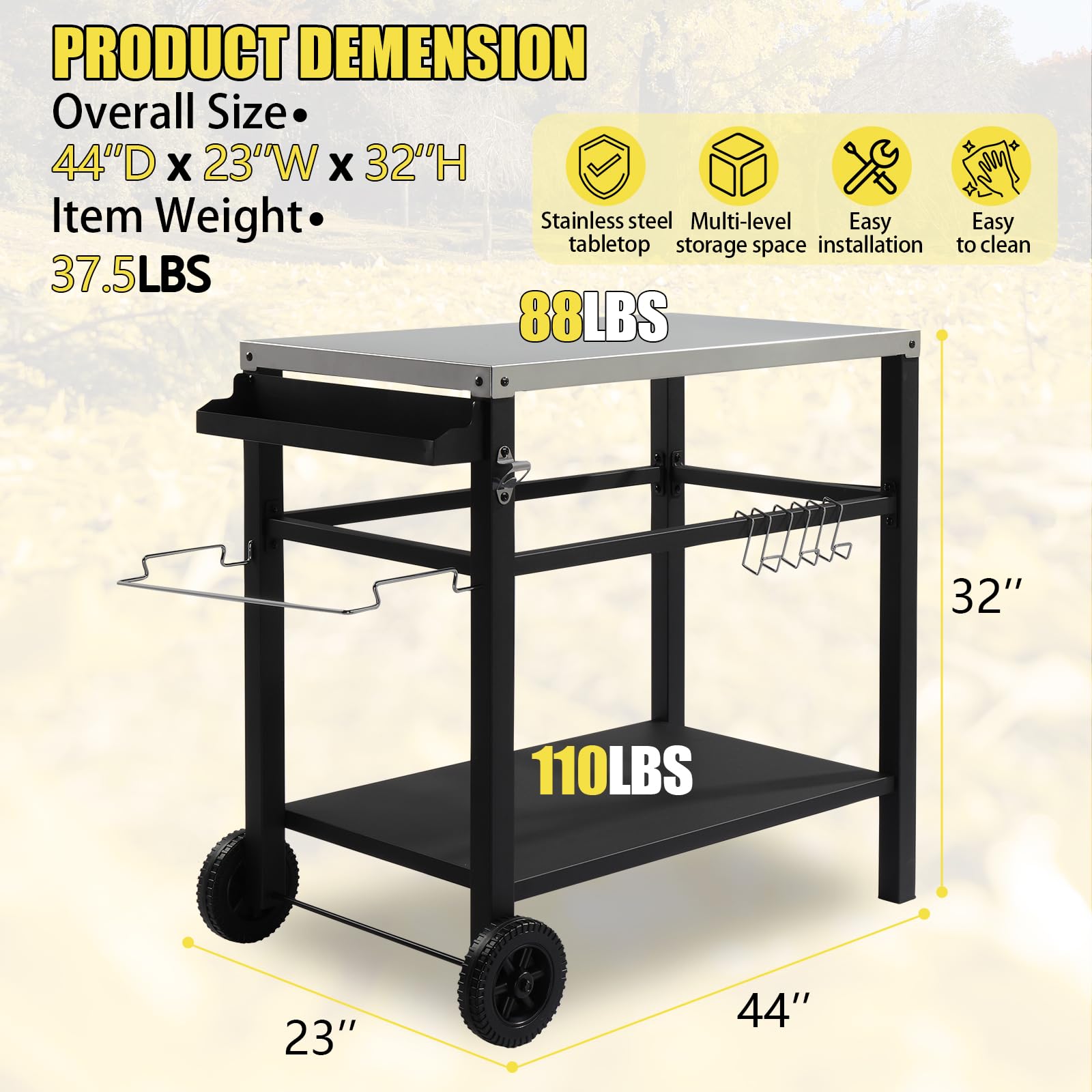 44 Inch Outdoor Grill Cart with Steel Steel Flattop Silver