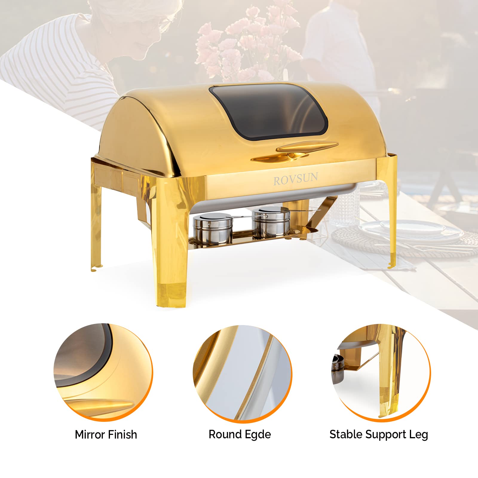 ROVSUN 9 QT Gold Rectangular Roll Top Chafing Dish Buffet Set with Glass Window