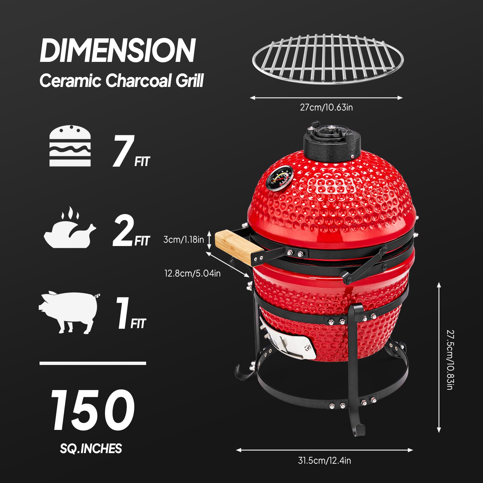 ROVSUN 13" Round Portable Ceramic Grill with Thermometer Red