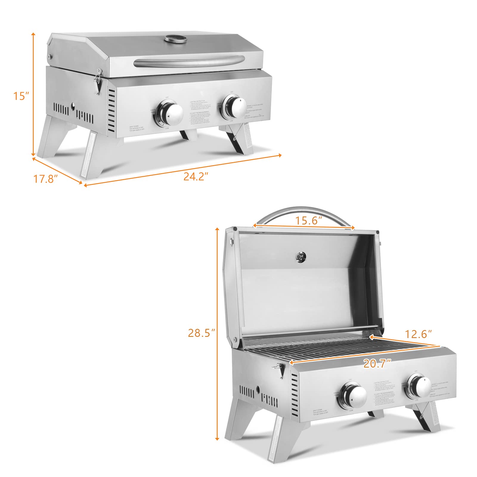 ROVSUN 2 Burner 20,000 BTU Portable Propane Grill for Outdoor Camping Garden BBQ