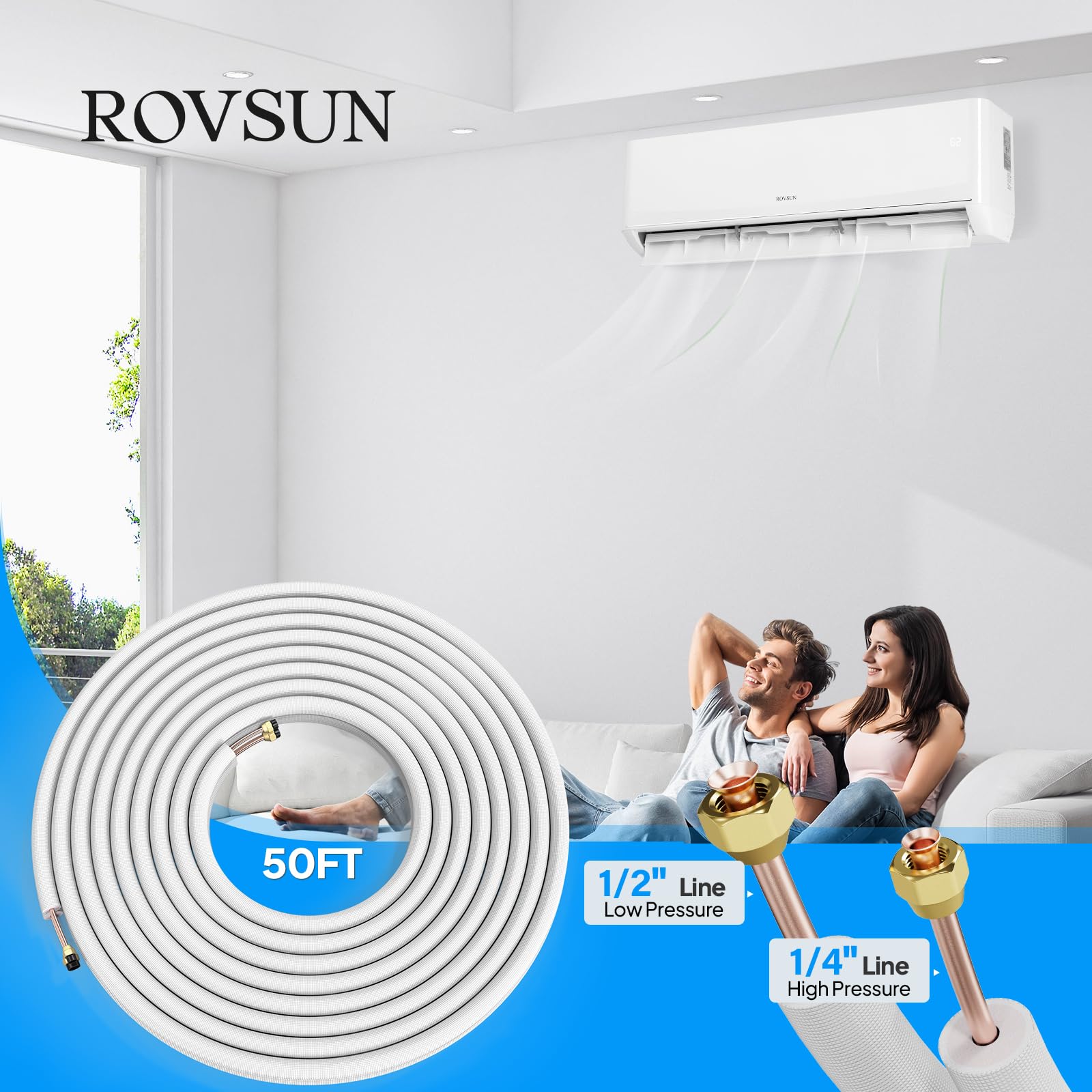 ROVSUN 50 Ft 1/4" & 1/2" O.D. Flared Copper Tubing Pipes and 3/8" Thickened PE Insulated Coil with Nuts & Kit