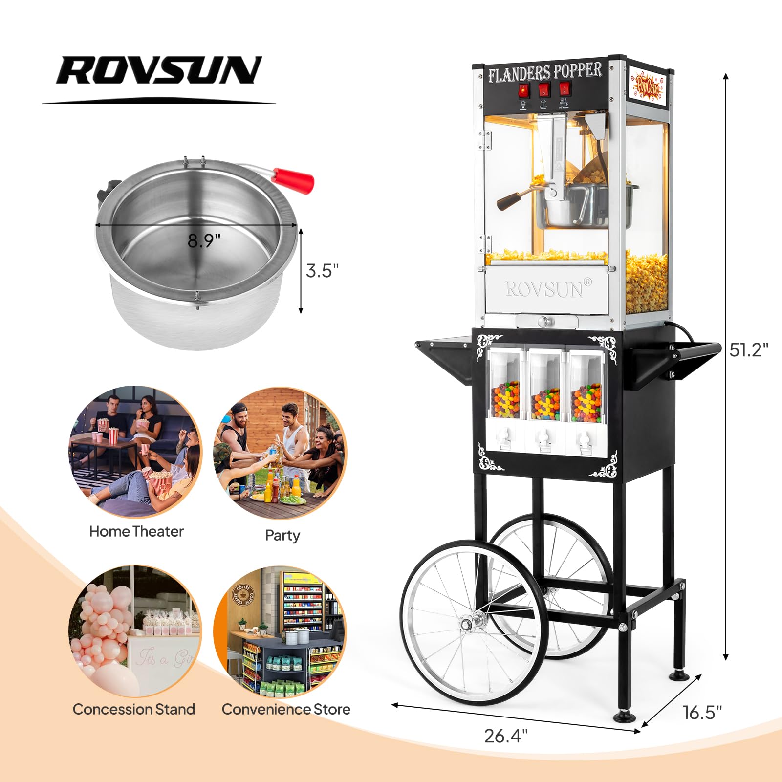 ROVSUN 8 oz. Kettle 800W 120V Popcorn Machine Maker Cart with Candy Dispenser Black