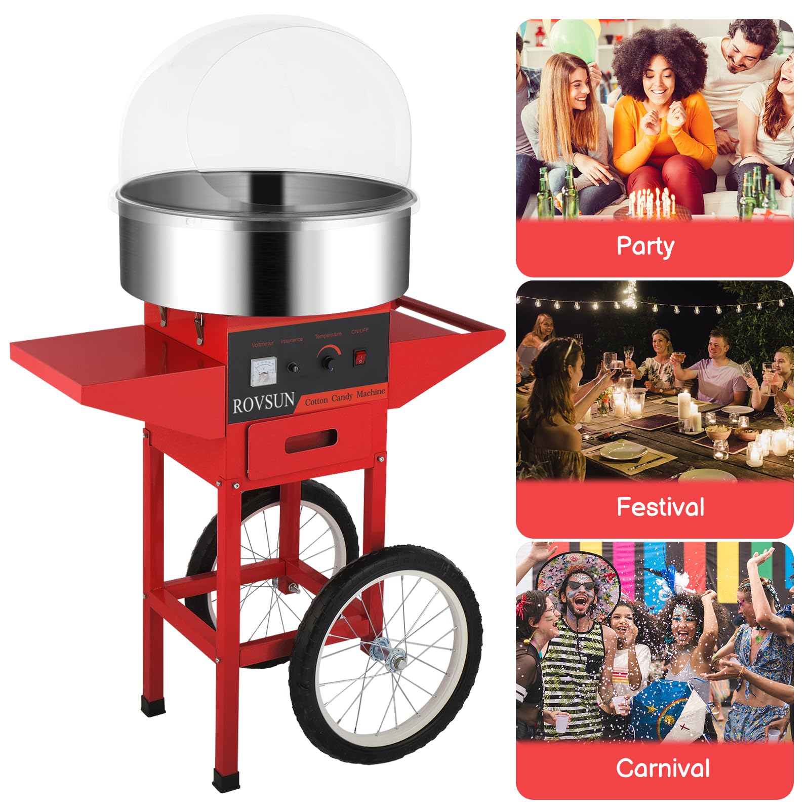 ROVSUN 21" 980W 110V Cotton Candy Machine Cart with Bowl & Cover Red