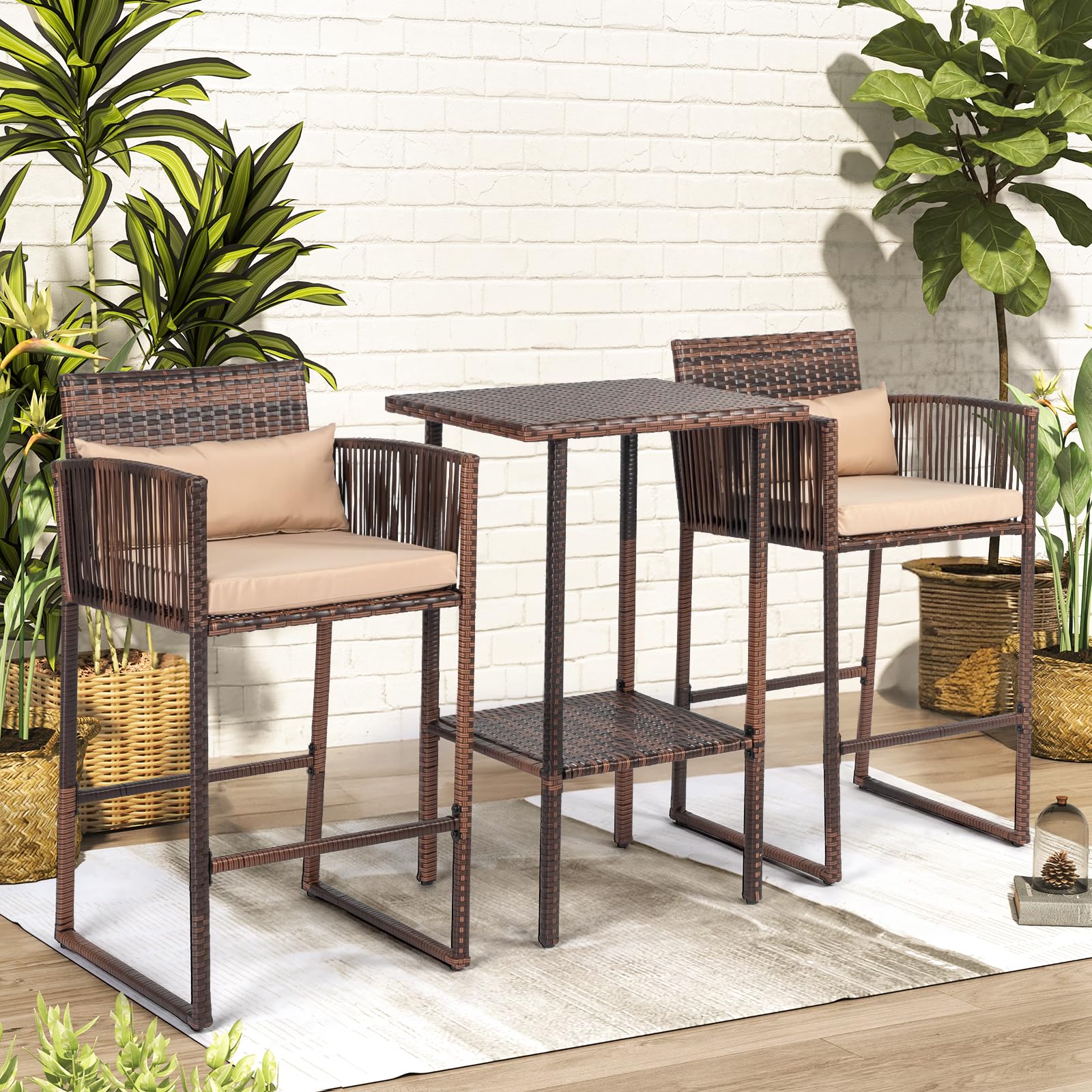 Outdoor Wicker Bar Stools and Table with Storage Shelf