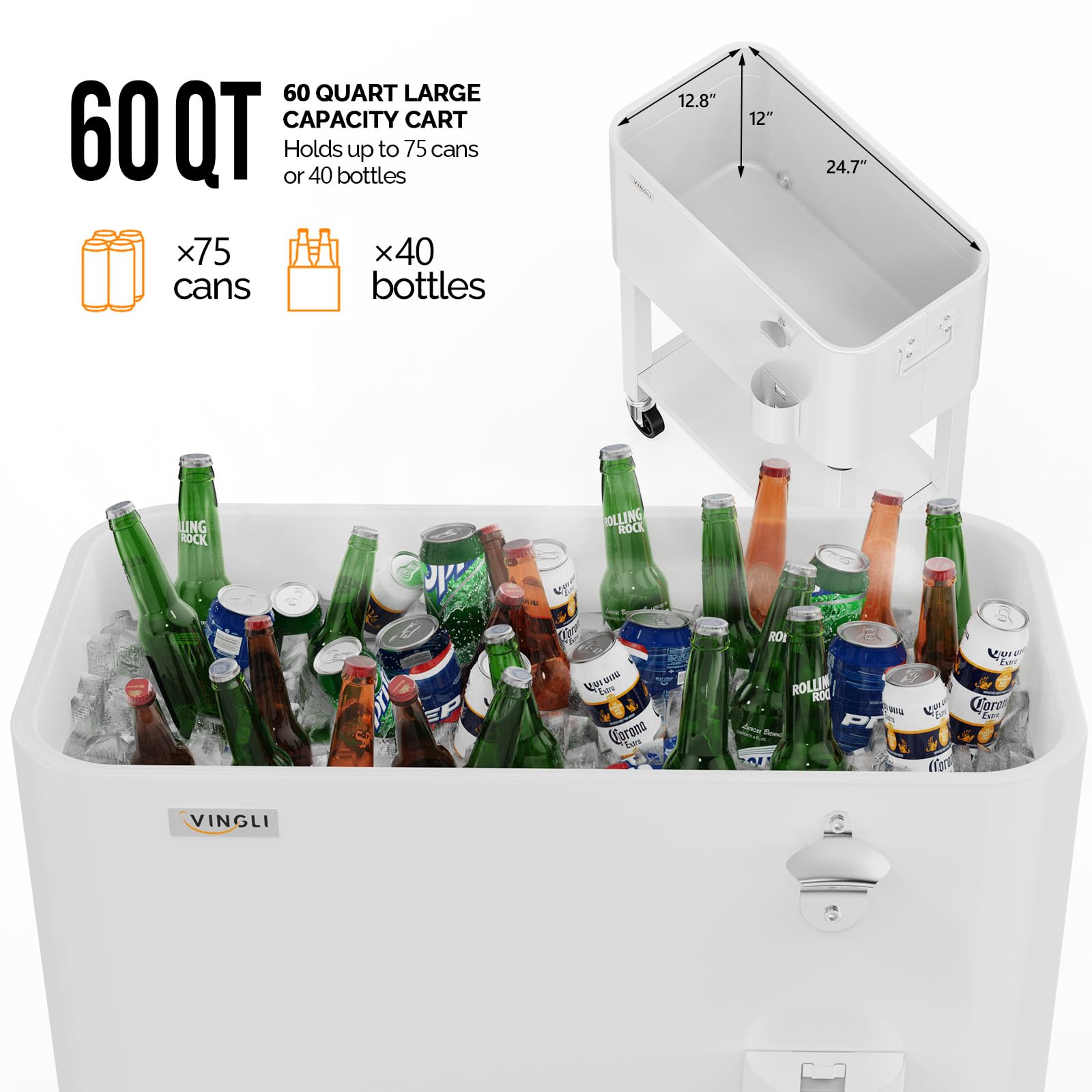 60 Quart Portable Patio Rooling Cooler Cart Detachable White