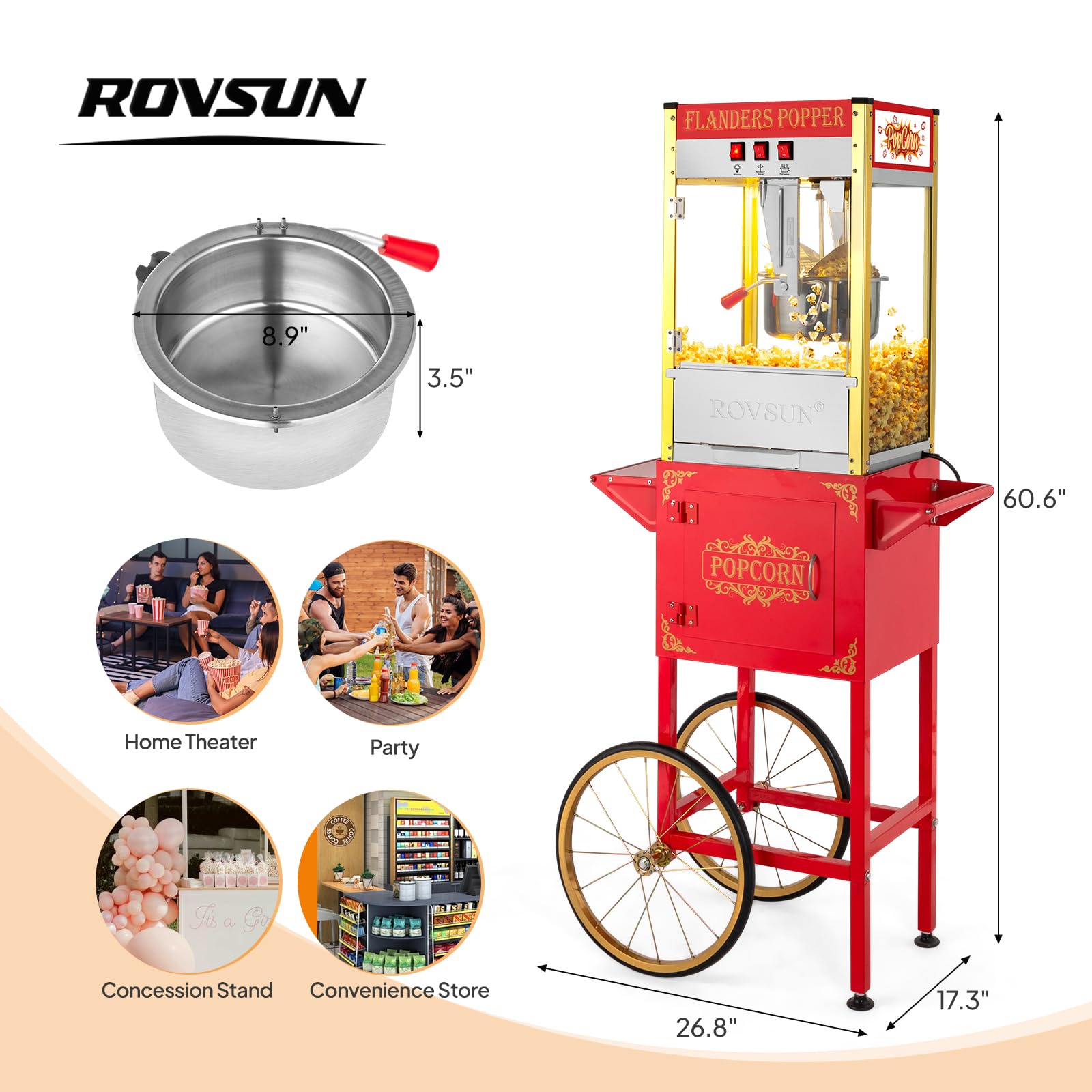 ROVSUN 10 oz. Kettle 800W 120V Popcorn Machine Maker Cart on Wheels Red