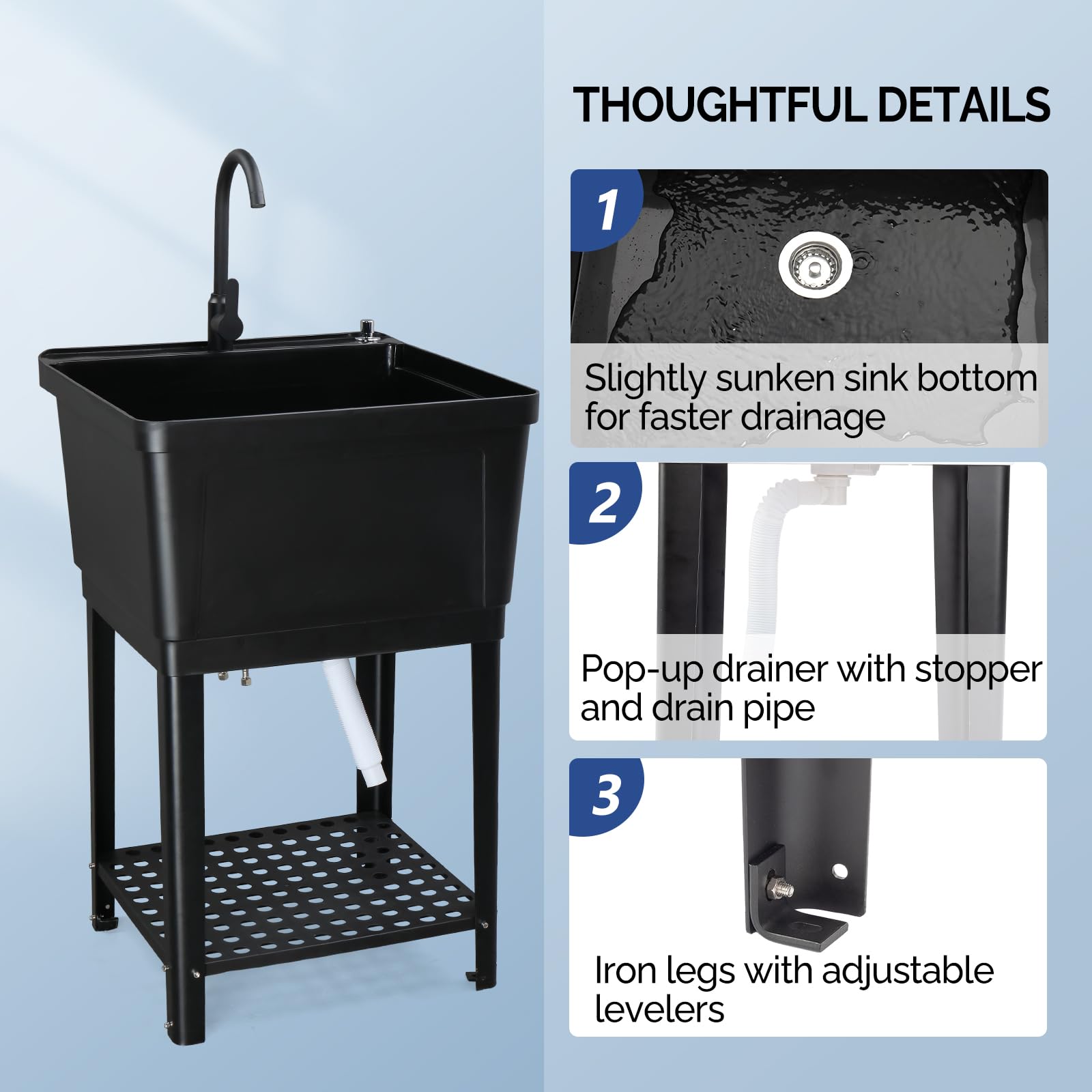 ROVSUN Plastic Utility Sink Freestanding with Storage Shelf Black