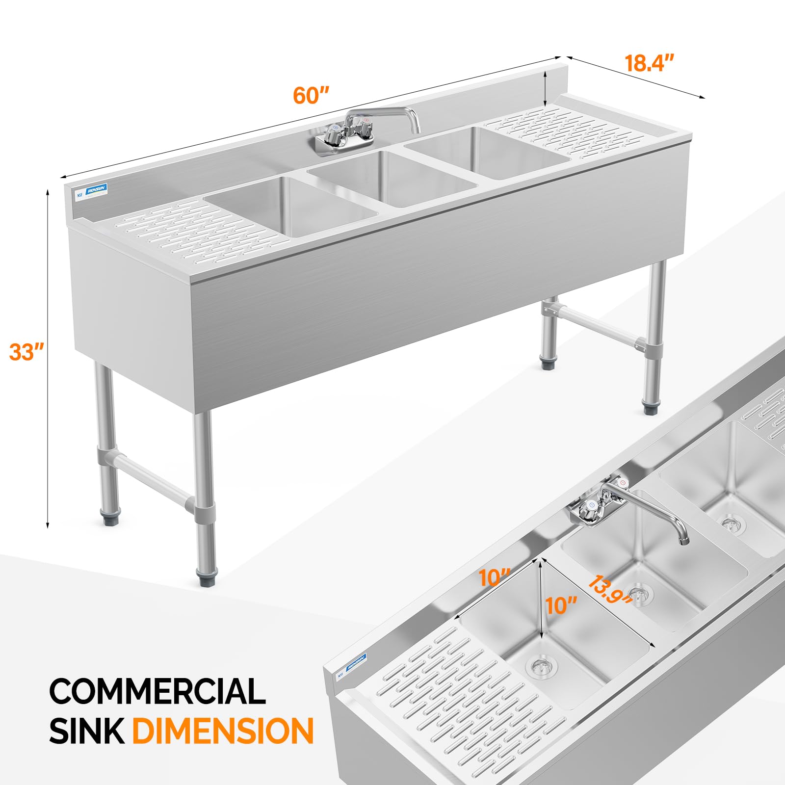 ROVSUN 3 Bowl Underbar Sink with Faucet & 2 Drainboards