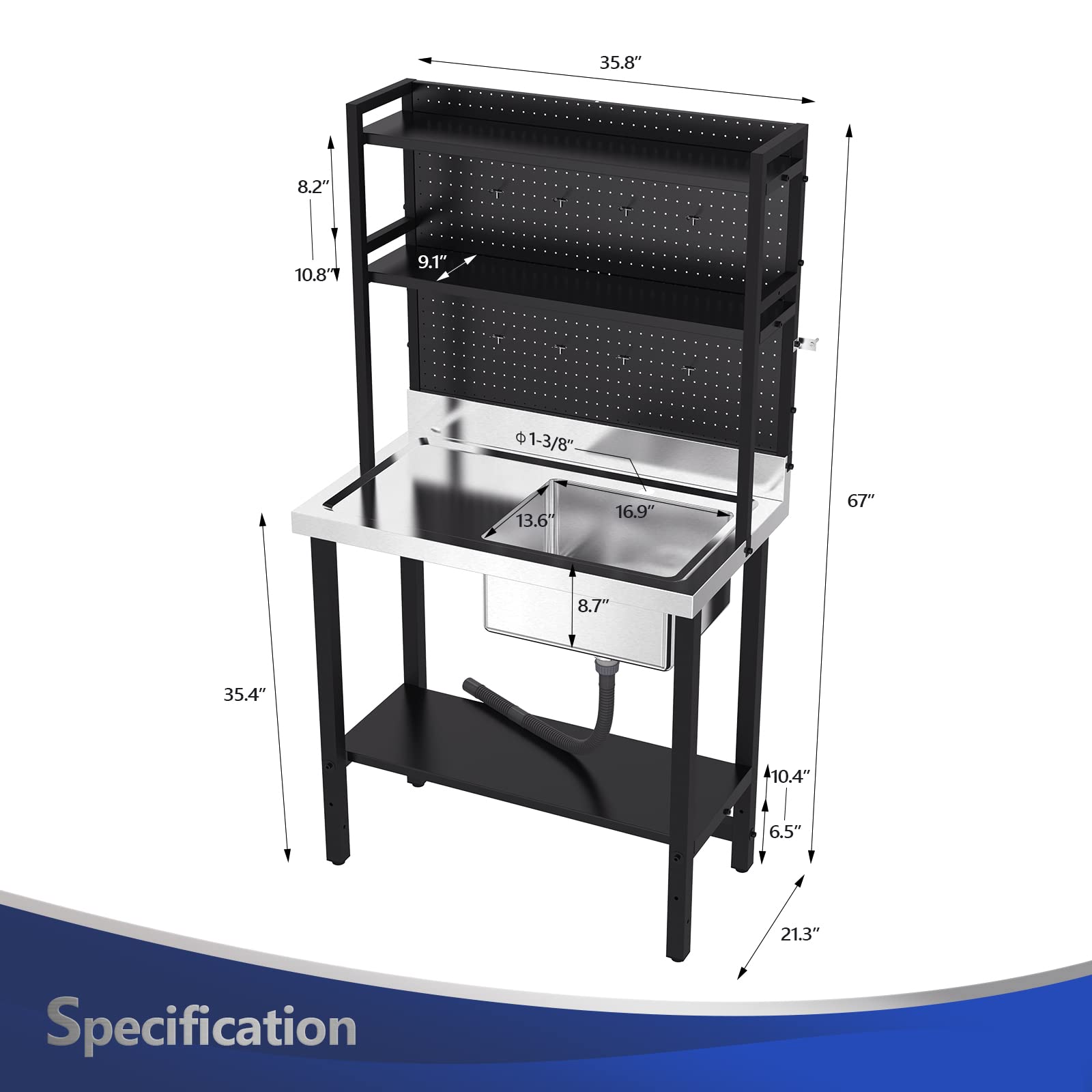 ROVSUN 36" One Compartment Stainless Steel Sink with Drainboard & Shelves