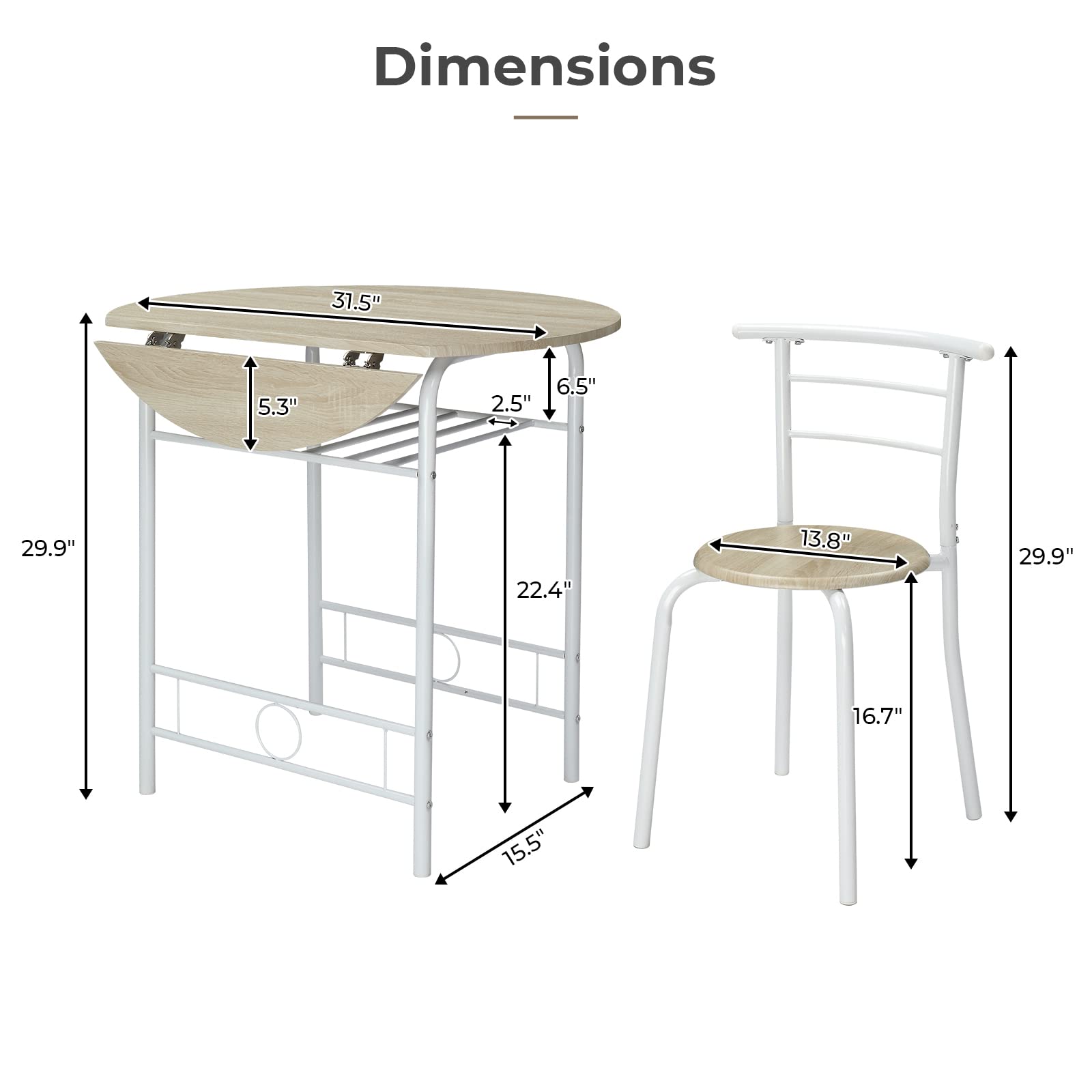 3 Piece Drop Leaf Dining Set Round Folding Table and 2 Chairs White Oak