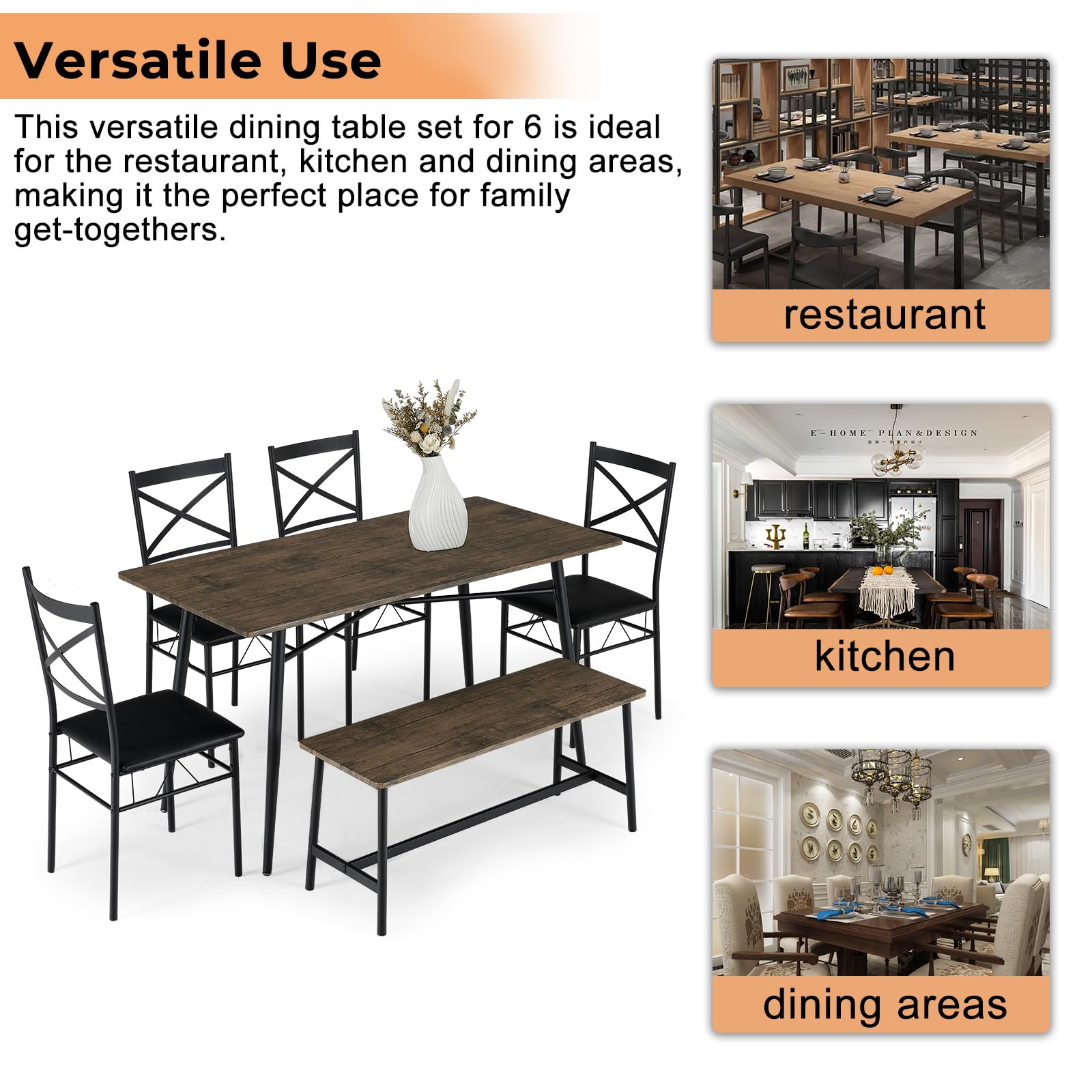 6 Piece Dining Set Wooden Table and 4 Upholstered Chairs & Bench Rustic Brown