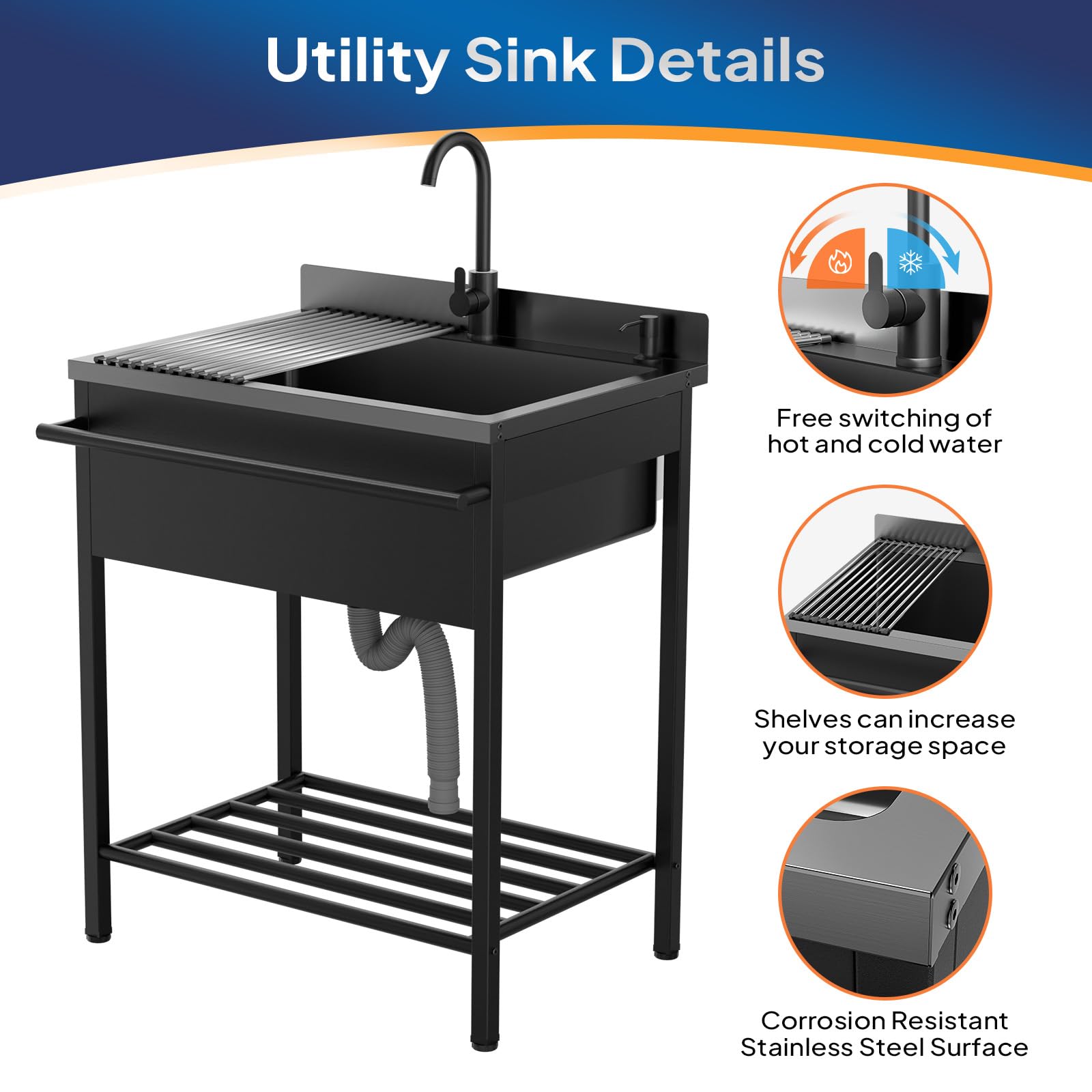 ROVSUN 31" Stainless Steel Utility Sink with Faucet & Draining Rack