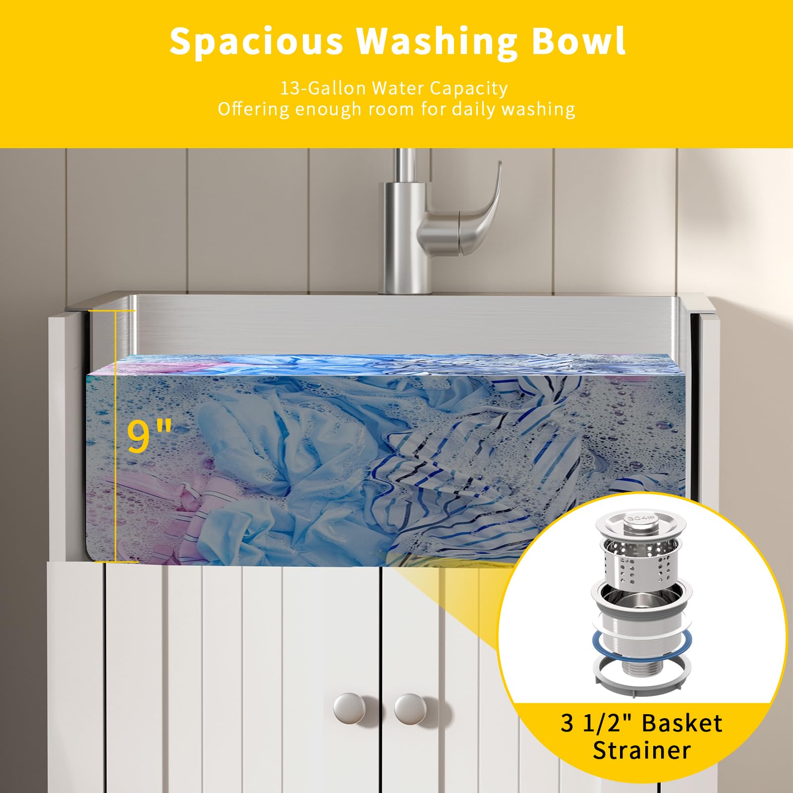 ROVSUN 24" Utility Sink with Cabinet Drawer for Kitchen Laundry Room White