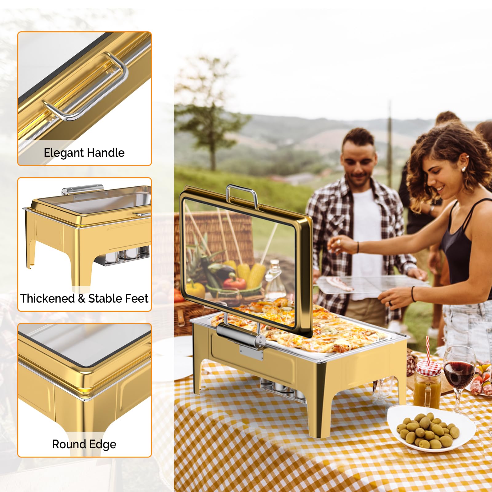 ROVSUN 9 QT Gold Rectangular Chafing Dishes with Glass Lid & Serving Tong