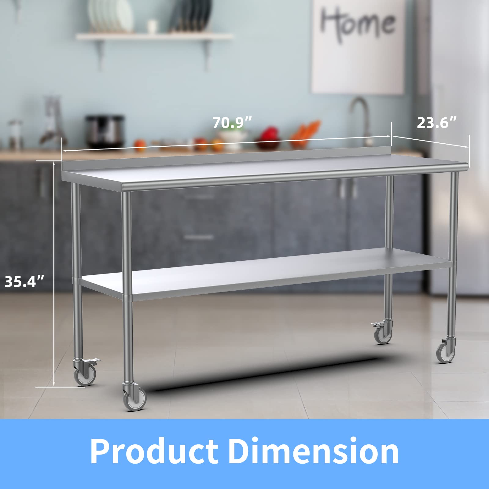 ROVSUN 24" x 72" Stainless Steel Table with Backsplash & Undershelf & Caster