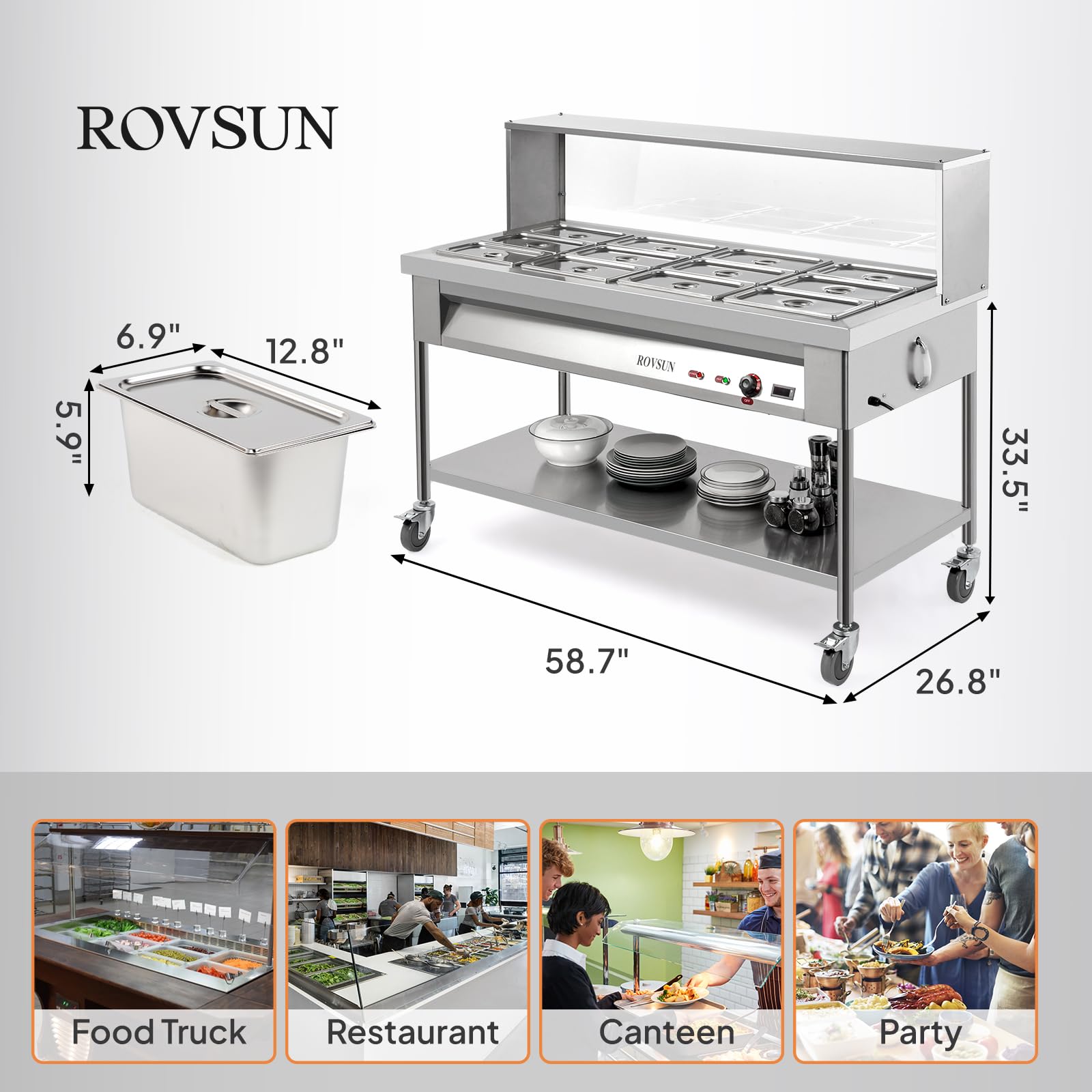 ROVSUN 96QT 1500W 110V 12-Pan Electric Steam Table Food Warmer with Shelf