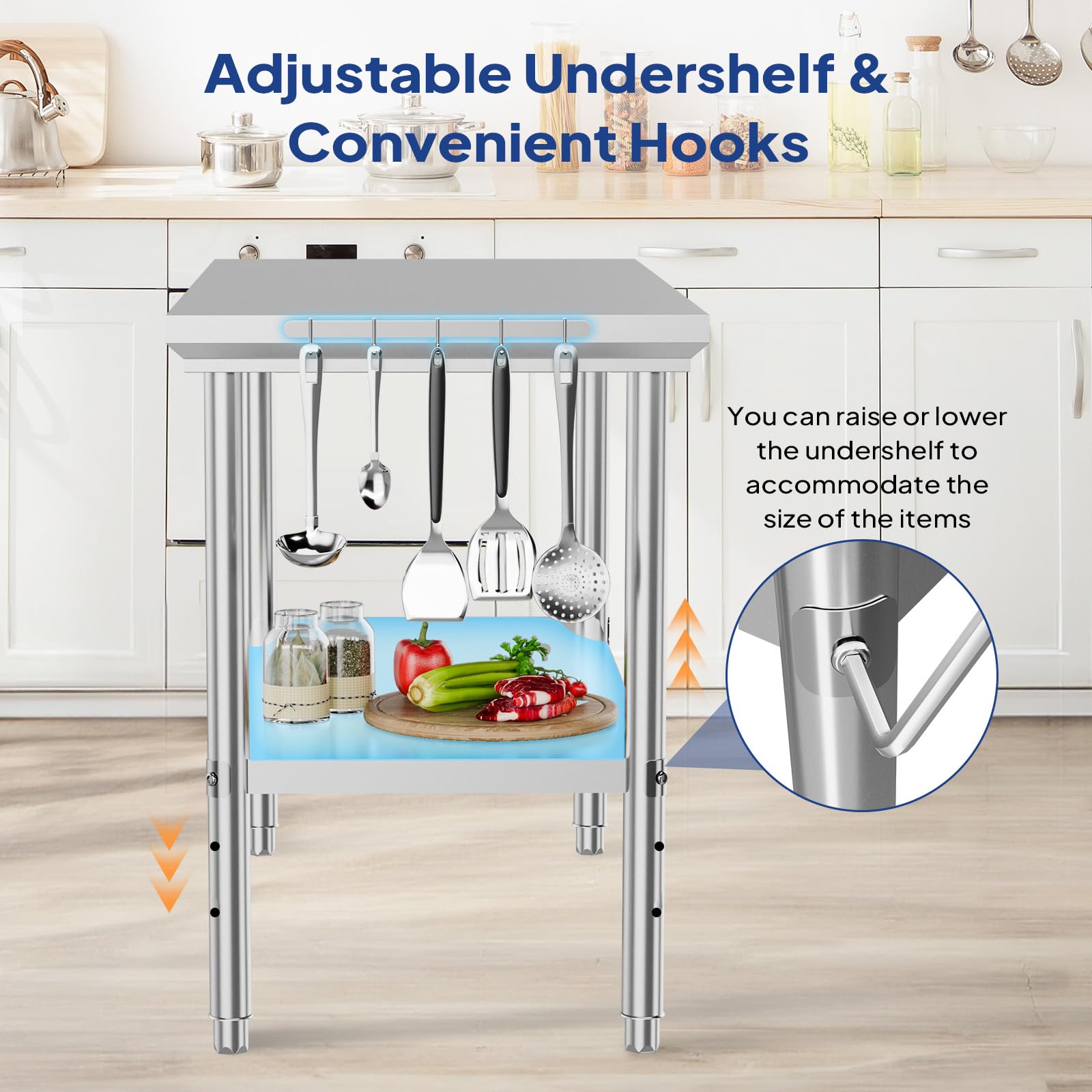 ROVSUN 24" x 48" Stainless Steel Table with Hooks & Undershelf