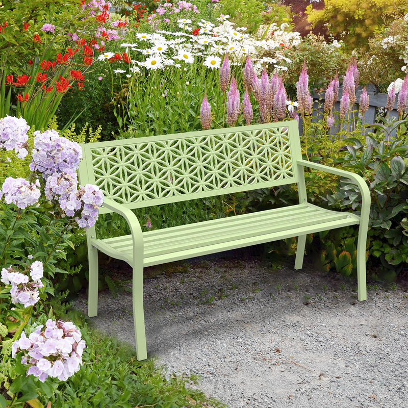 50 Inch Outdoor Bench Metal with Floral Back Green