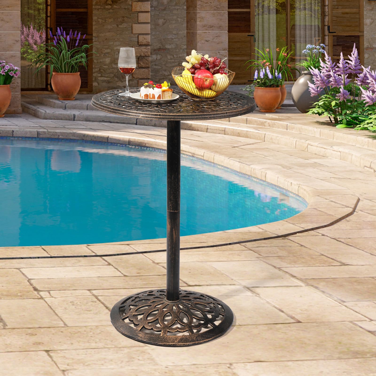 28 Inch Round Outdoor Bar Table with Umbrella Hole Bronze