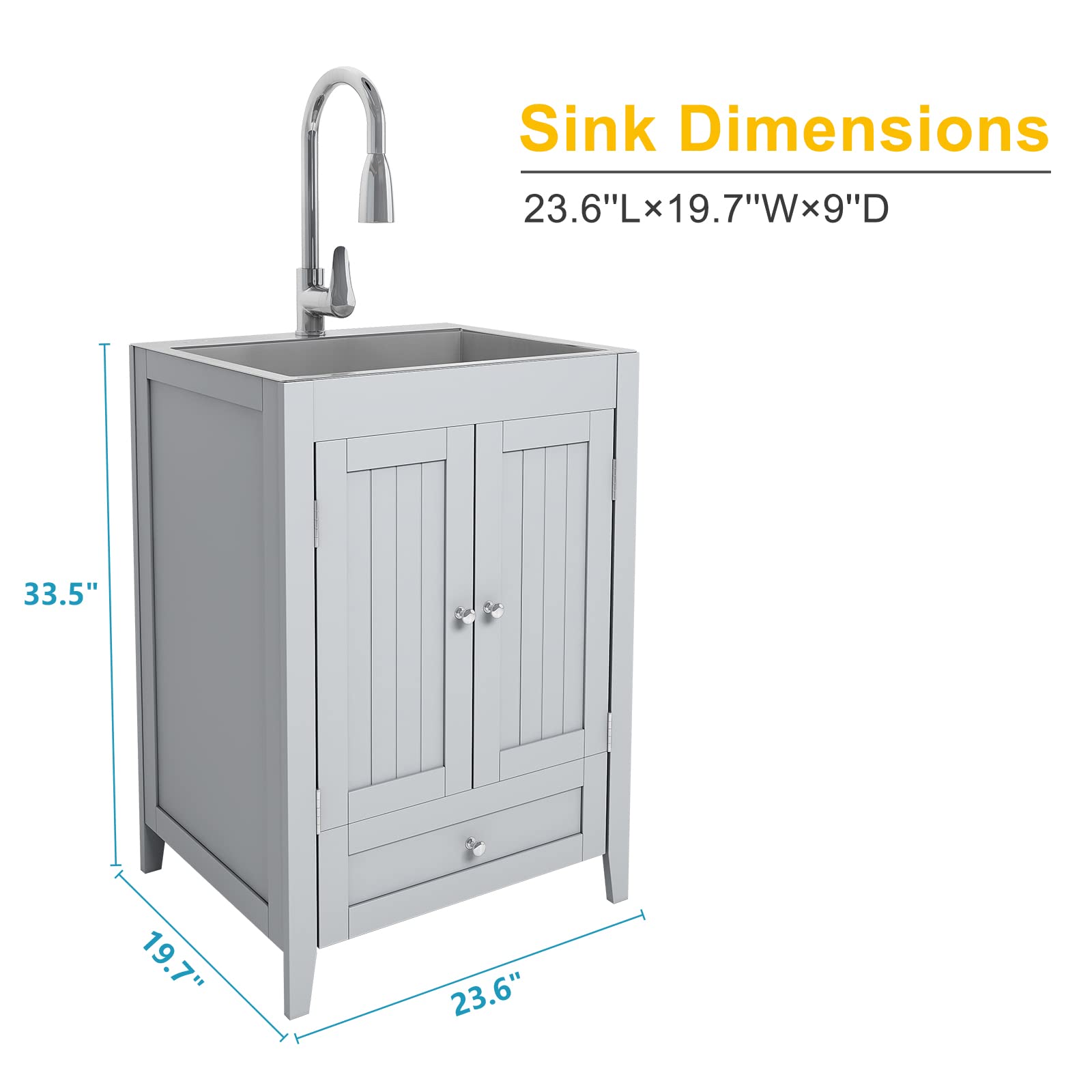 ROVSUN 24" Utility Sink with Cabinet Drawer for Kitchen Laundry Room Grey