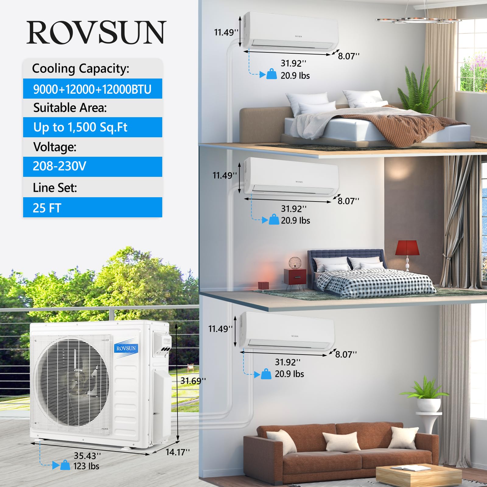 ROVSUN 3 Zone 9,000 + 12,000 + 12,000 / 27,000 BTU Wifi Mini Split Air Conditioner Ductless 19 SEER2 230V with Heat Pump & 25Ft Install Kit