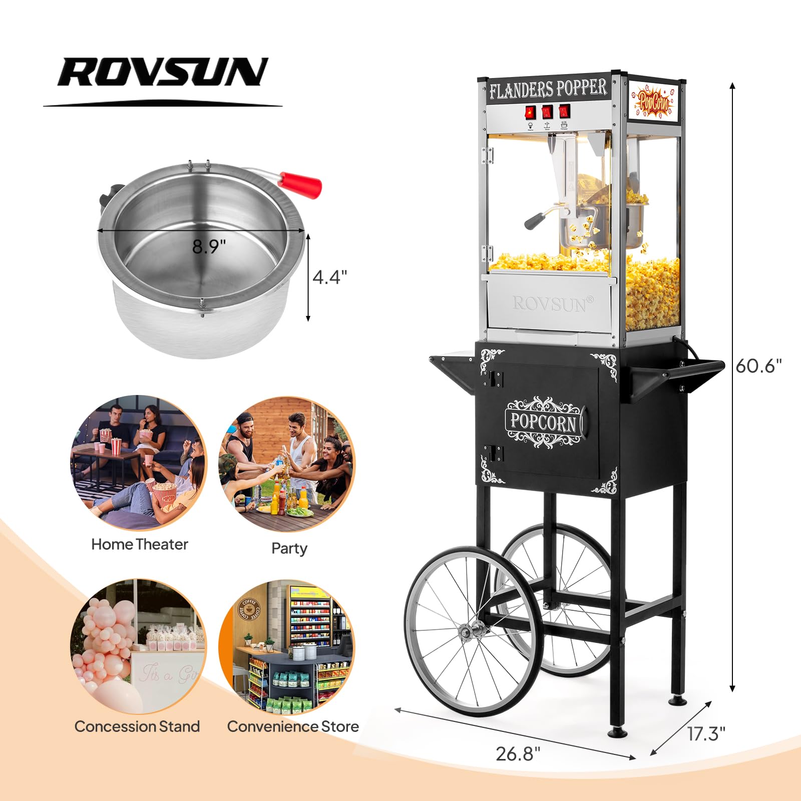 ROVSUN 10 oz. Kettle 800W 120V Popcorn Machine Maker Cart on Wheels Black