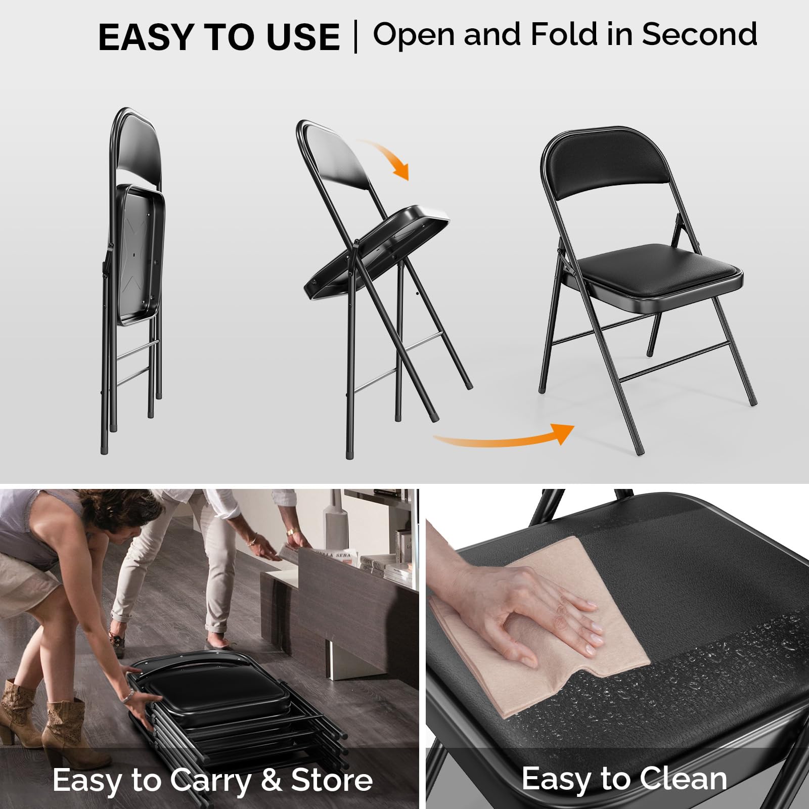 Folding Chairs with PU Leather Seat Set & Back Black