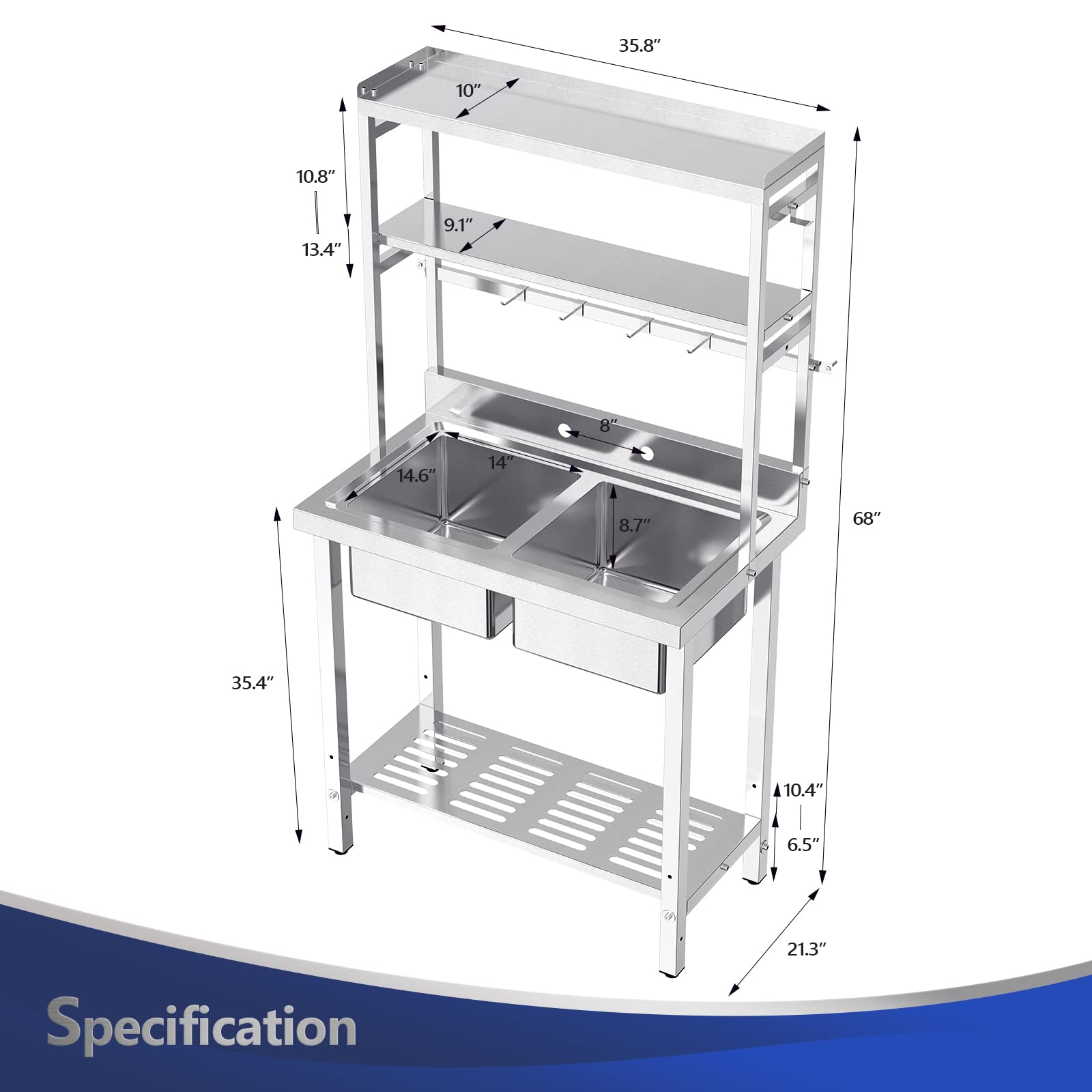 ROVSUN 67 Inch Double Bowls Commercial Stainless Steel Sink Kitchen with Shelves