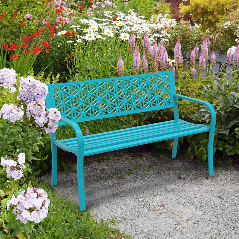 50 Inch Outdoor Bench Metal with Floral Back Blue