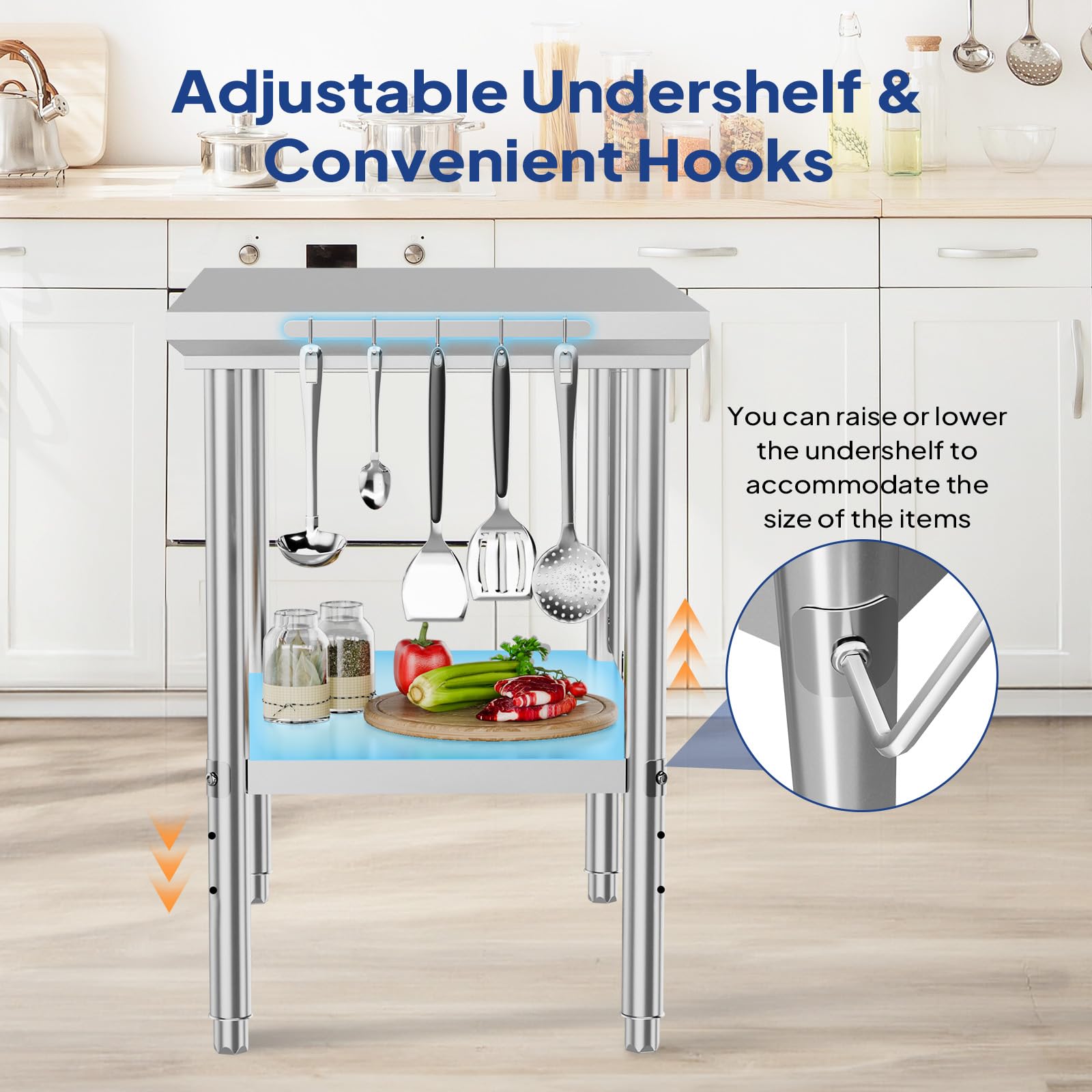 ROVSUN 24" x 36" Stainless Steel Table with Hooks & Undershelf