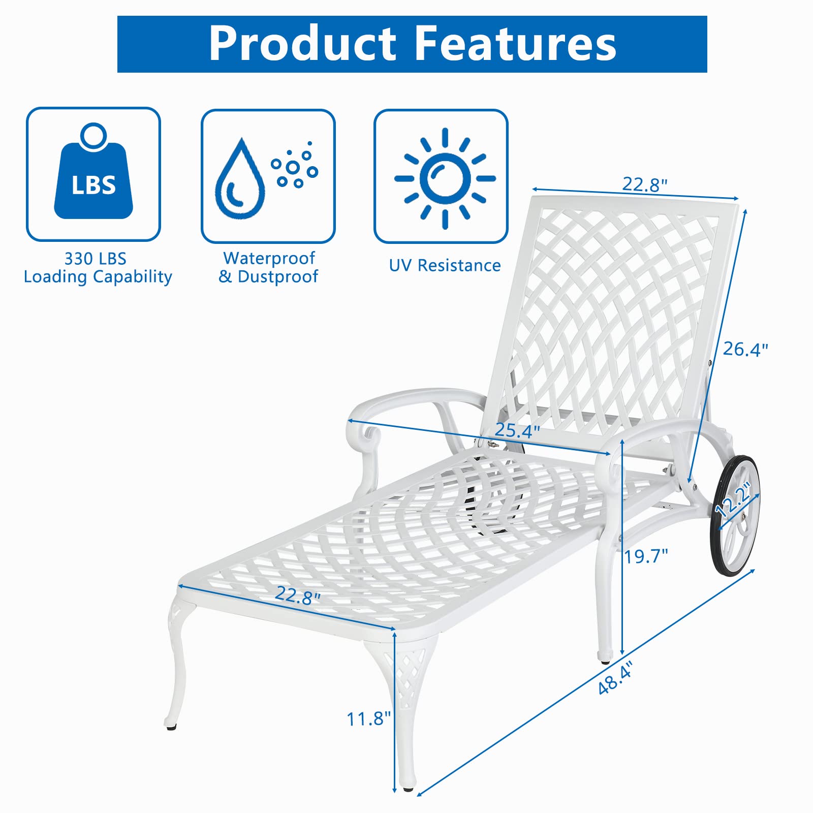 Cast Aluminum Outdoor Chaise Lounge Chair White