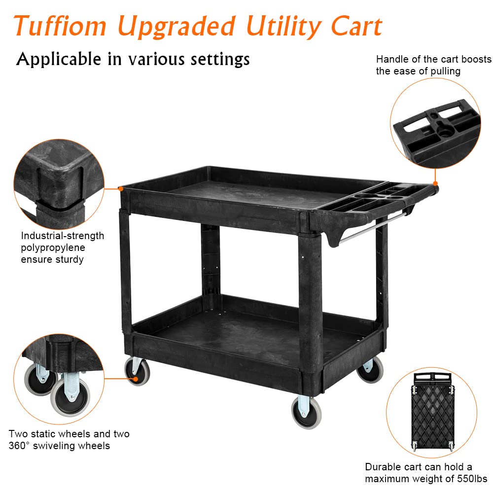 2-Tier Large 550lbs Capacity Shelf Plastic Utility Cart with Wheels Black