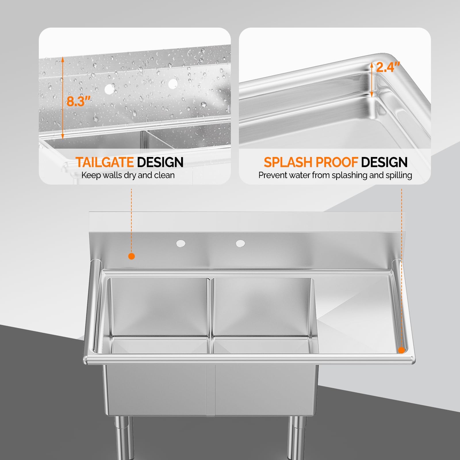 ROVSUN 2 Compartment 304 Stainless Steel Sink with Right Side Drainboard