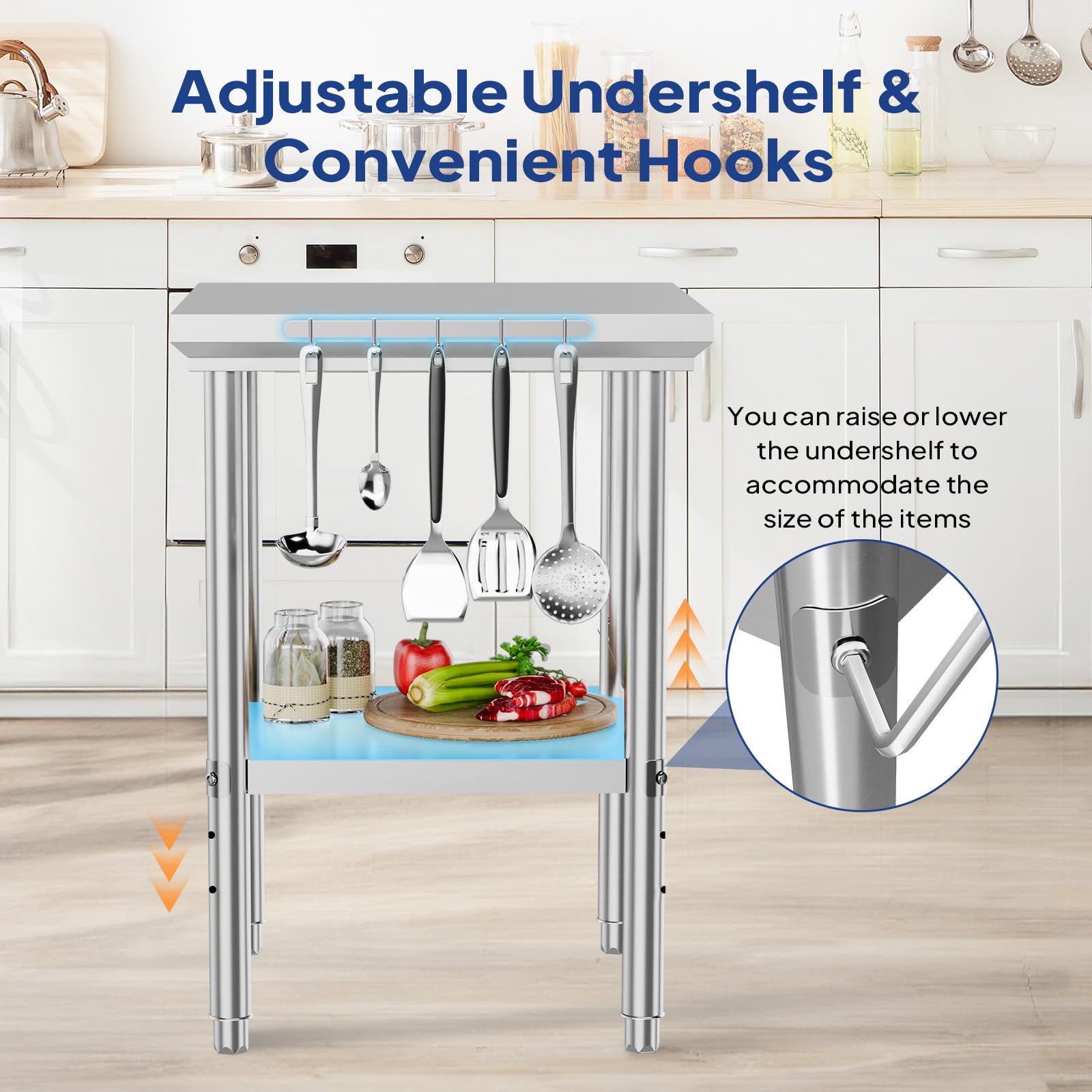 ROVSUN 24" x 24" Stainless Steel Table with Hooks & Undershelf