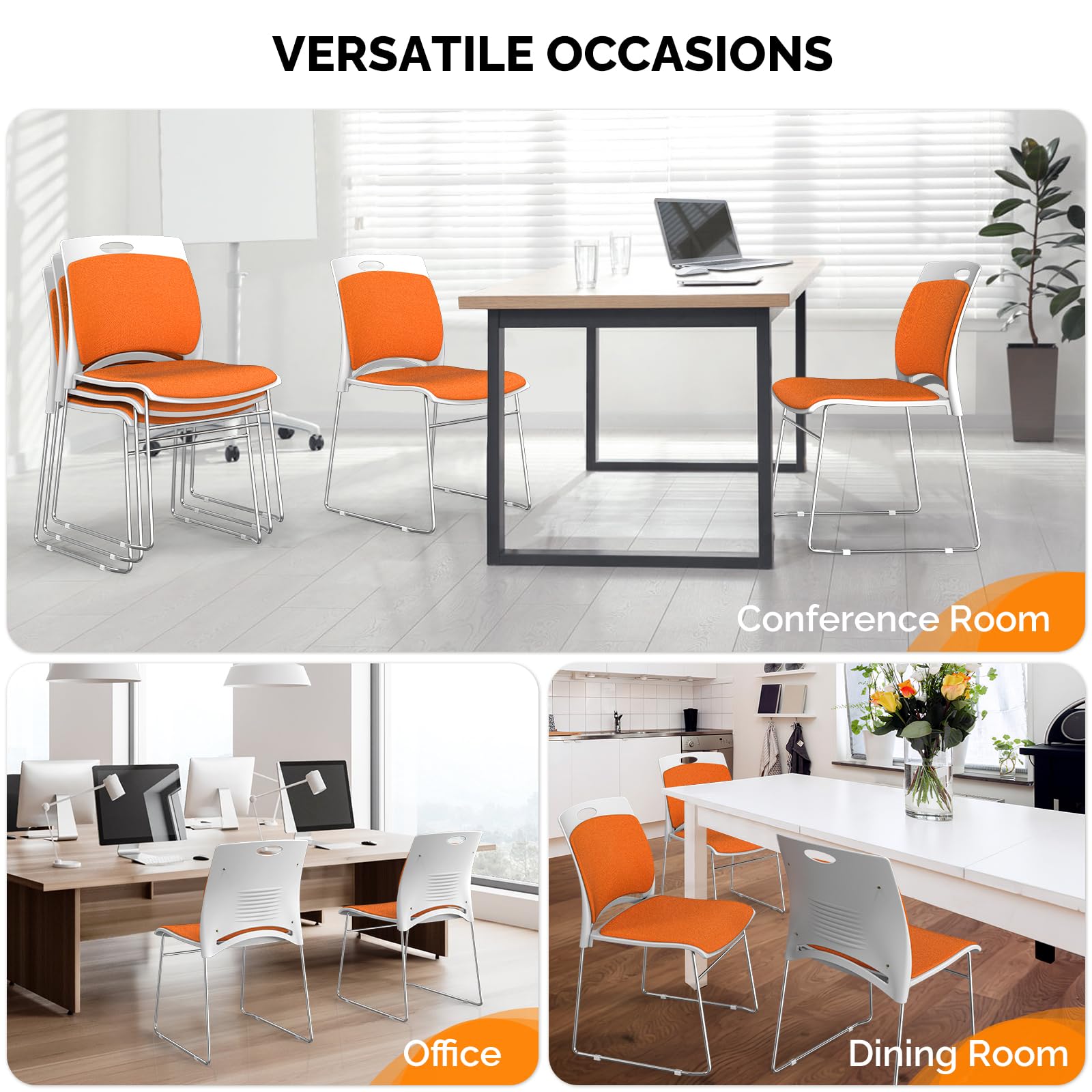 Office Stackable Chairs Set with Metal Sled Base Orange