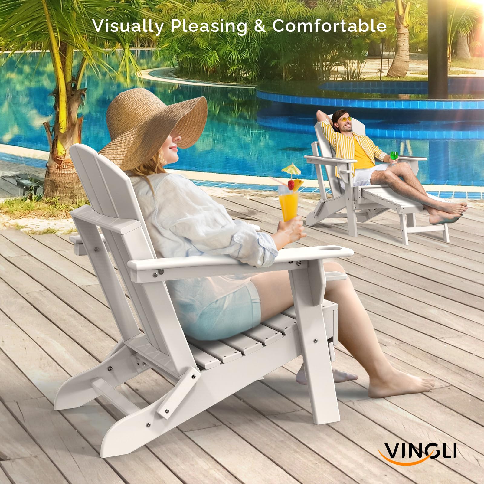 VINGLI Plastic Folding HDPE Adirondack Chair with Ottoman White