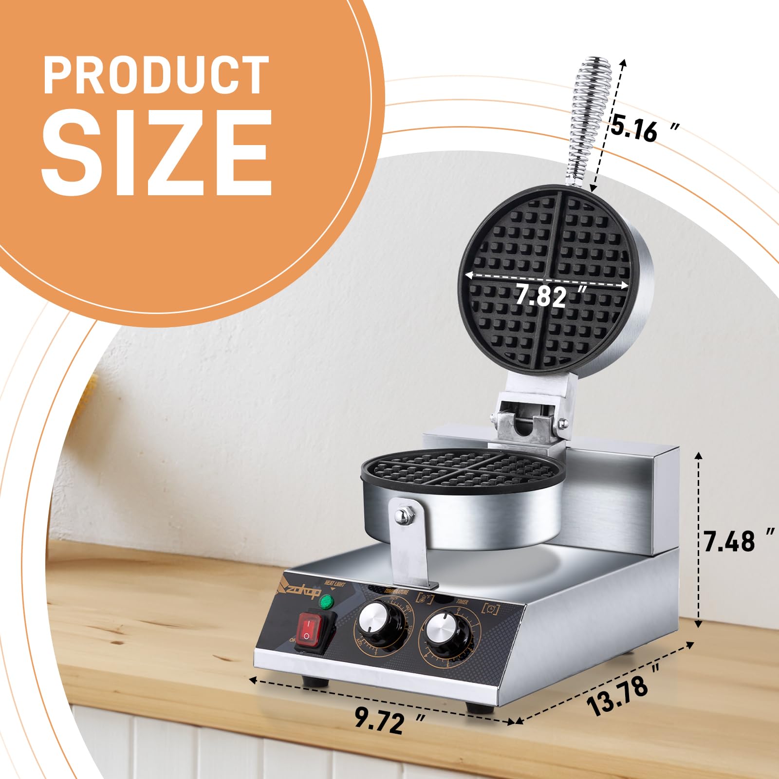 ZOKOP 1200W 110V Single Head Round Waffle Maker