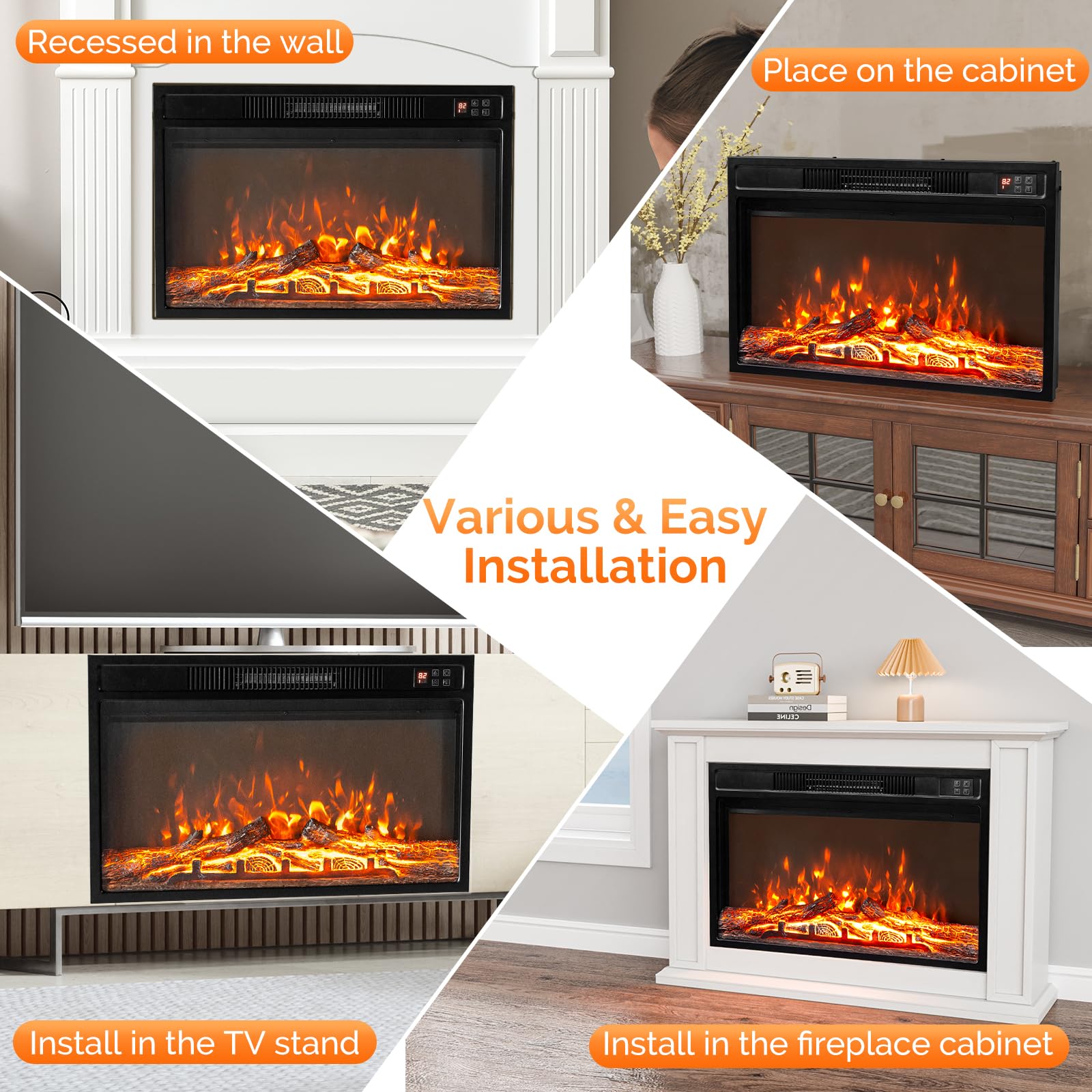 ROVSUN 26'' W 1500W 120V Electric Fireplace Inserts with APP & Remote