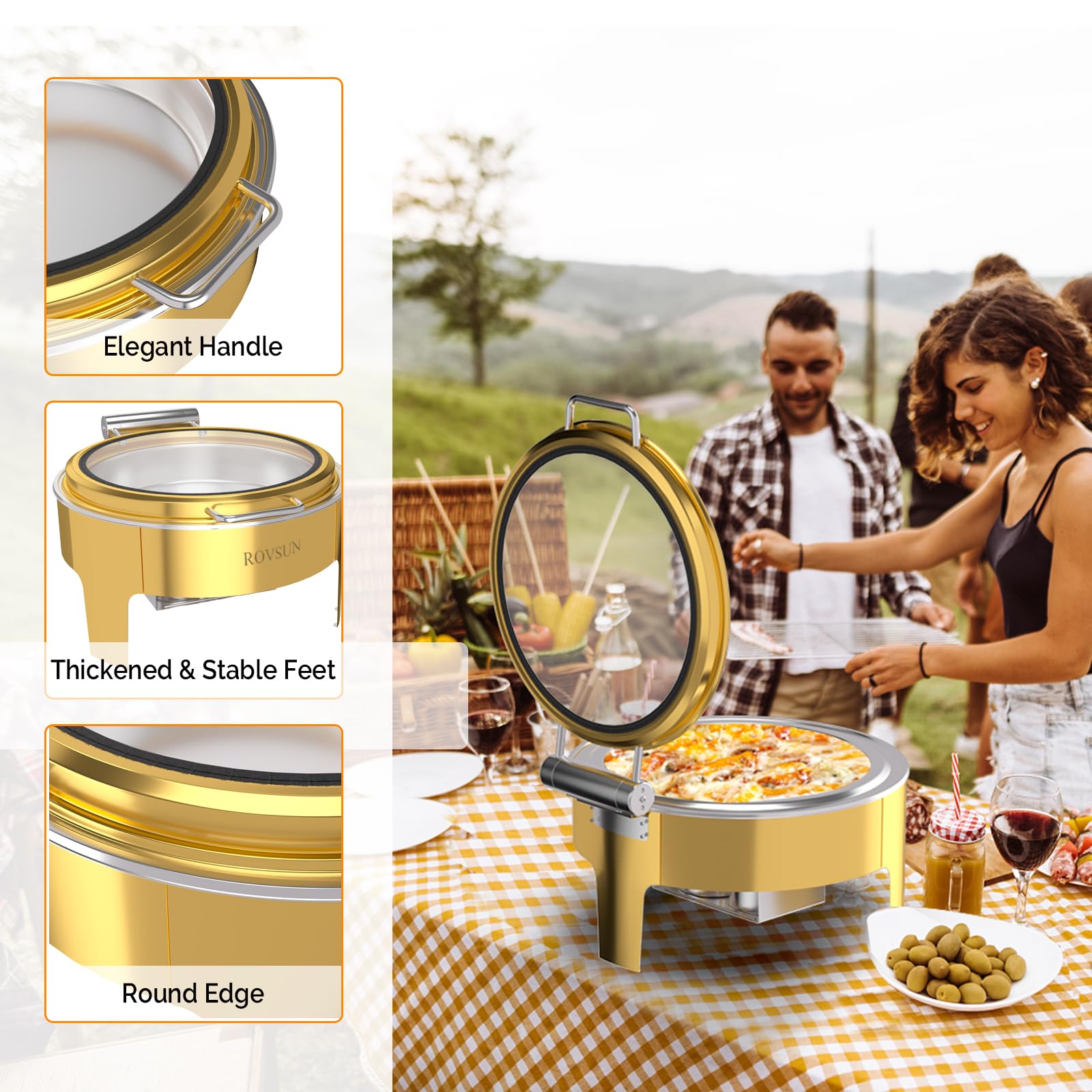 ROVSUN 6 QT Gold Round Chafing Dishes with Glass Lid & Serving Tong