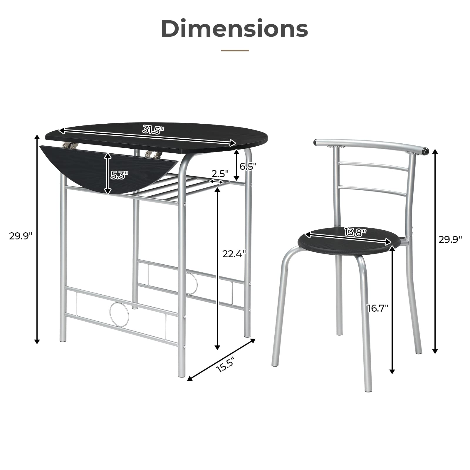 3 Piece Drop Leaf Dining Set Round Folding Table and 2 Chairs Black Silver