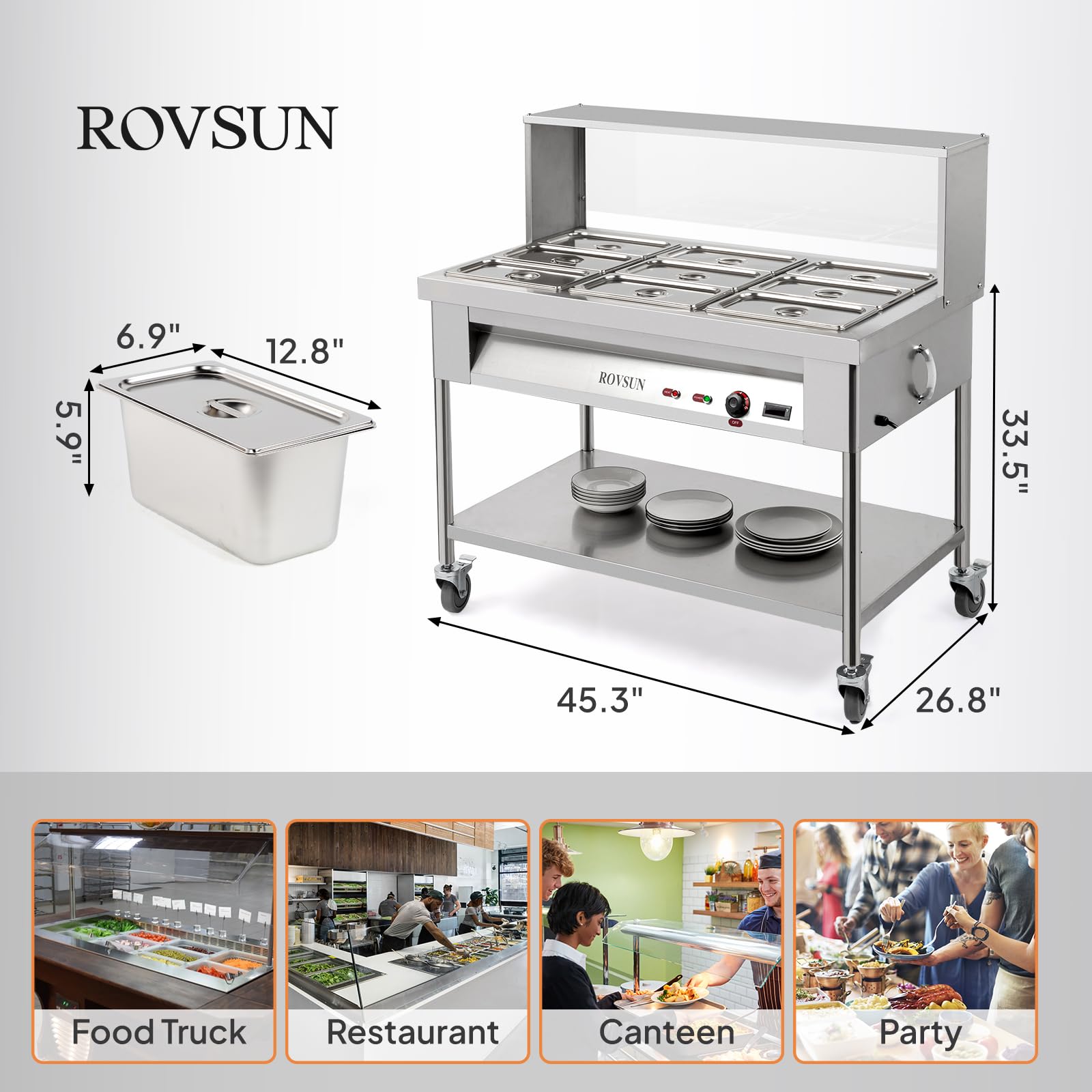 ROVSUN 72 QT 1500W 110V 9-Pan Electric Steam Table Food Warmer with Shelf