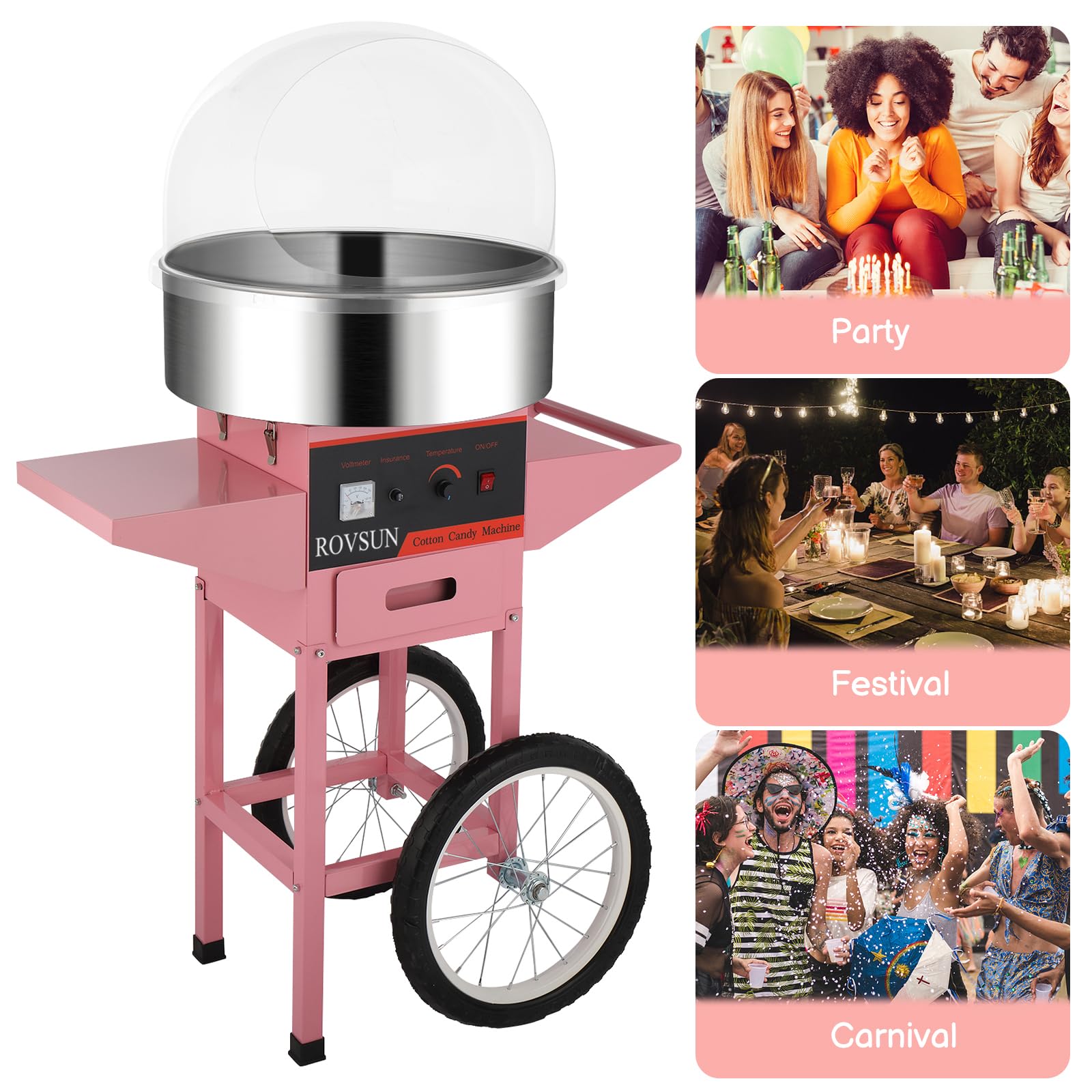 ROVSUN 21" 980W 110V Cotton Candy Machine Cart with Cover Pink