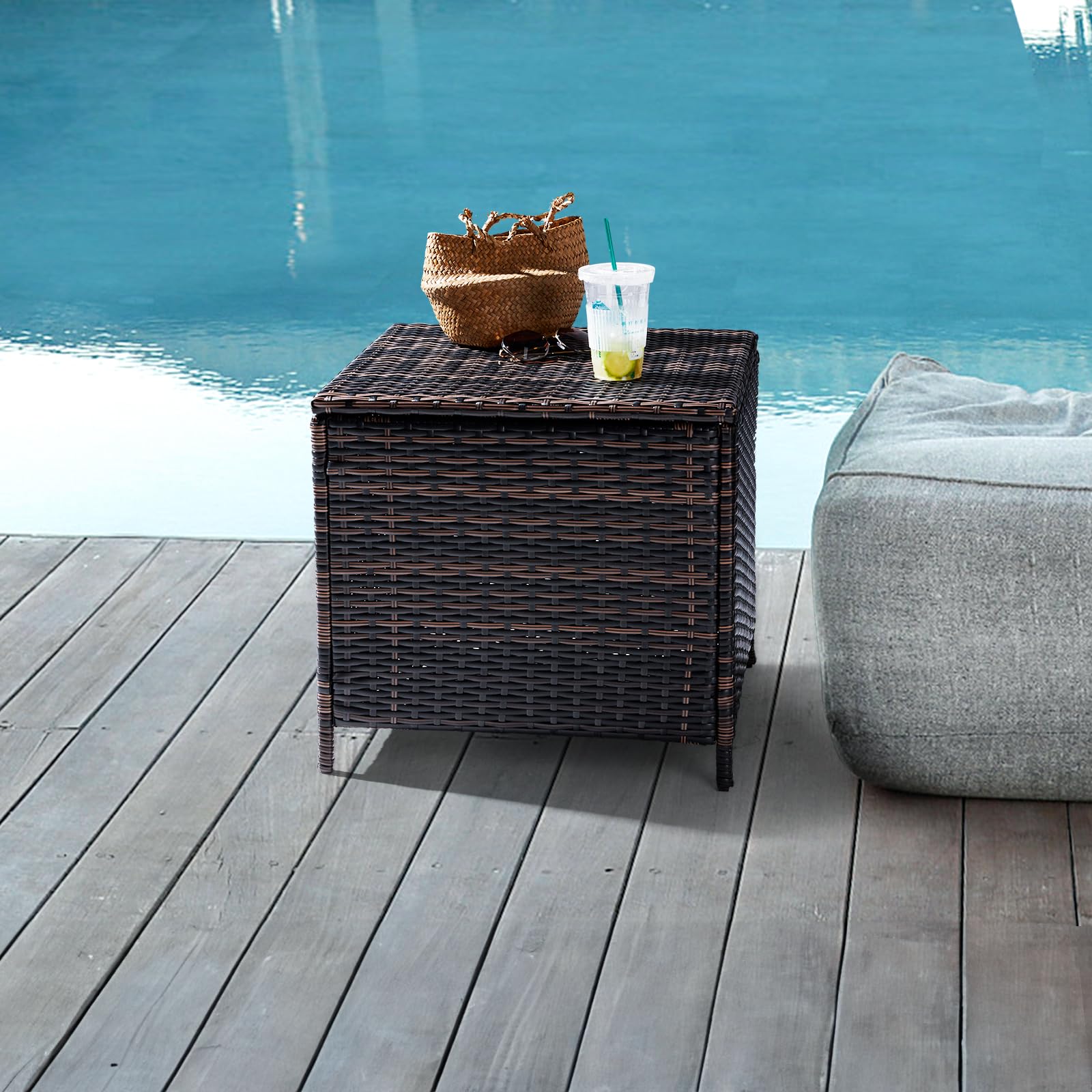 VINGLI 27 Gallon Rectangular Outdoor Wicker Side Table with Storage