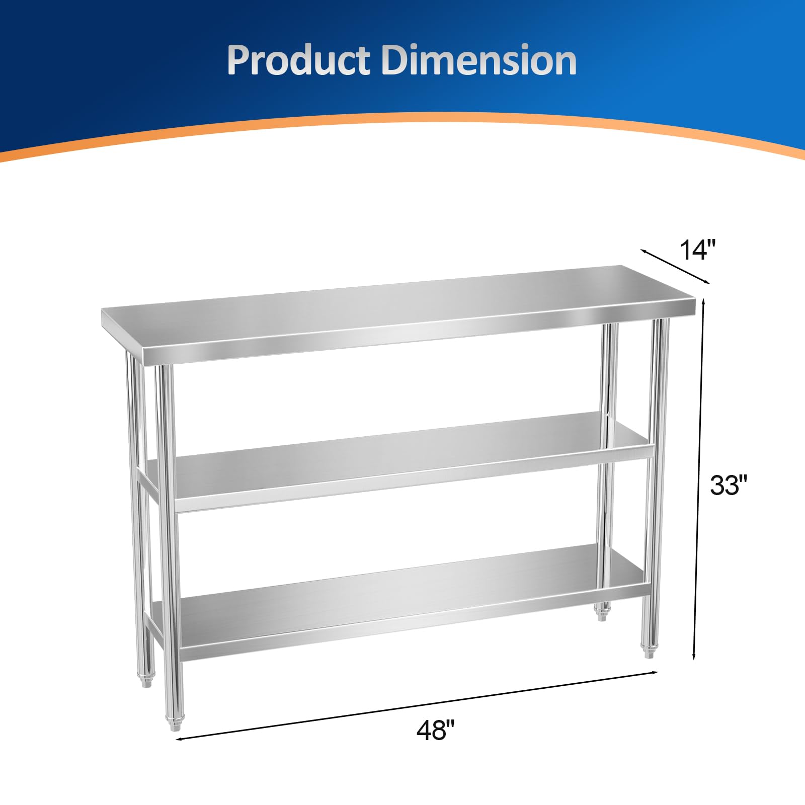 ROVSUN 14" x 48" Stainless Steel Table with 2 Shelves